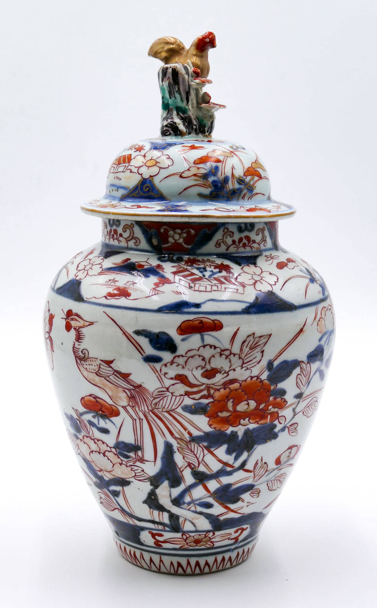 Old Chinese Imari Covered Jar with Rooster Finial