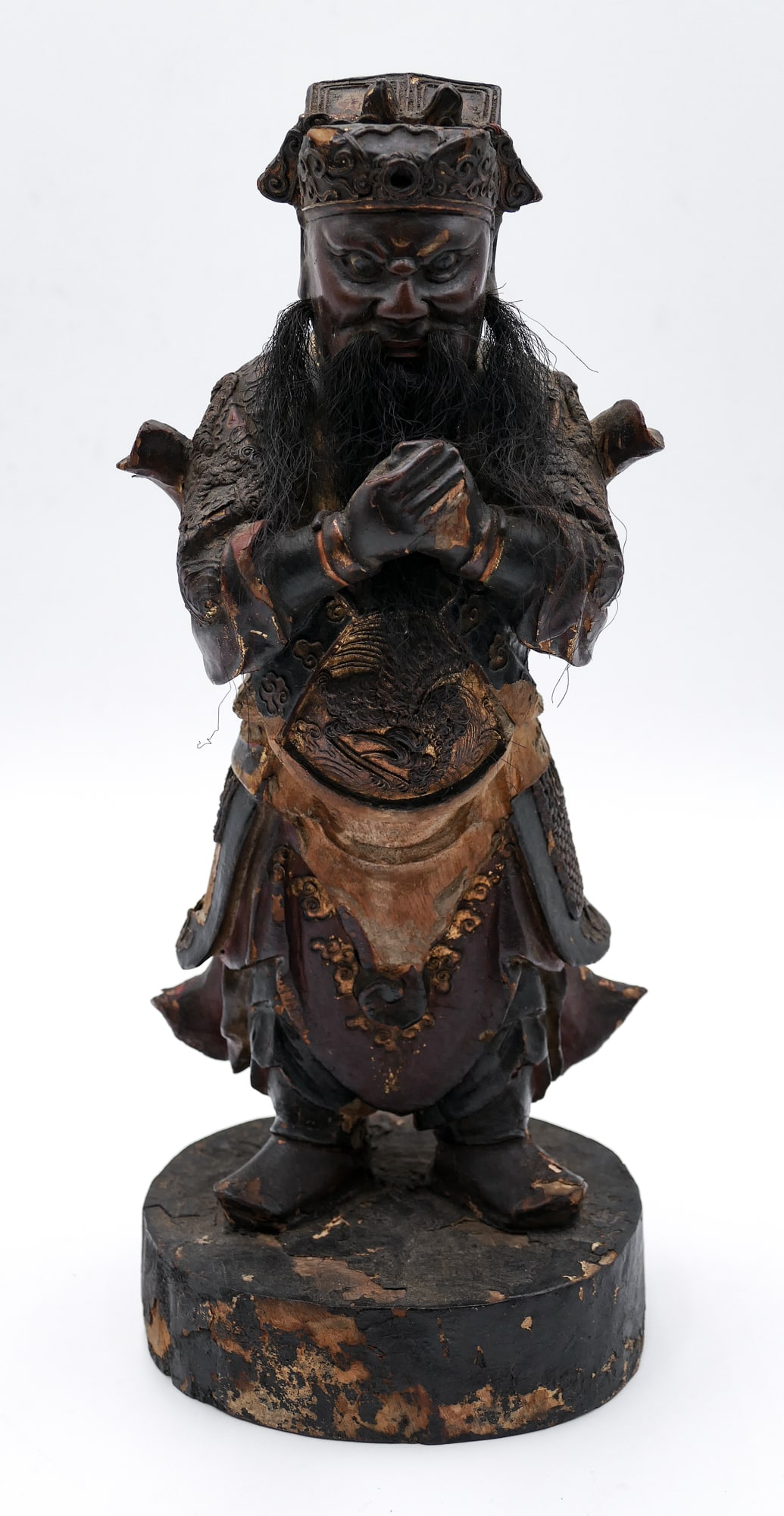 Old Chinese Lacquered Wood Guan Gong Figure: Old Chinese Lacquered Wood Guan Gong Figure 12 ". Scattered surface loss to lacquer.