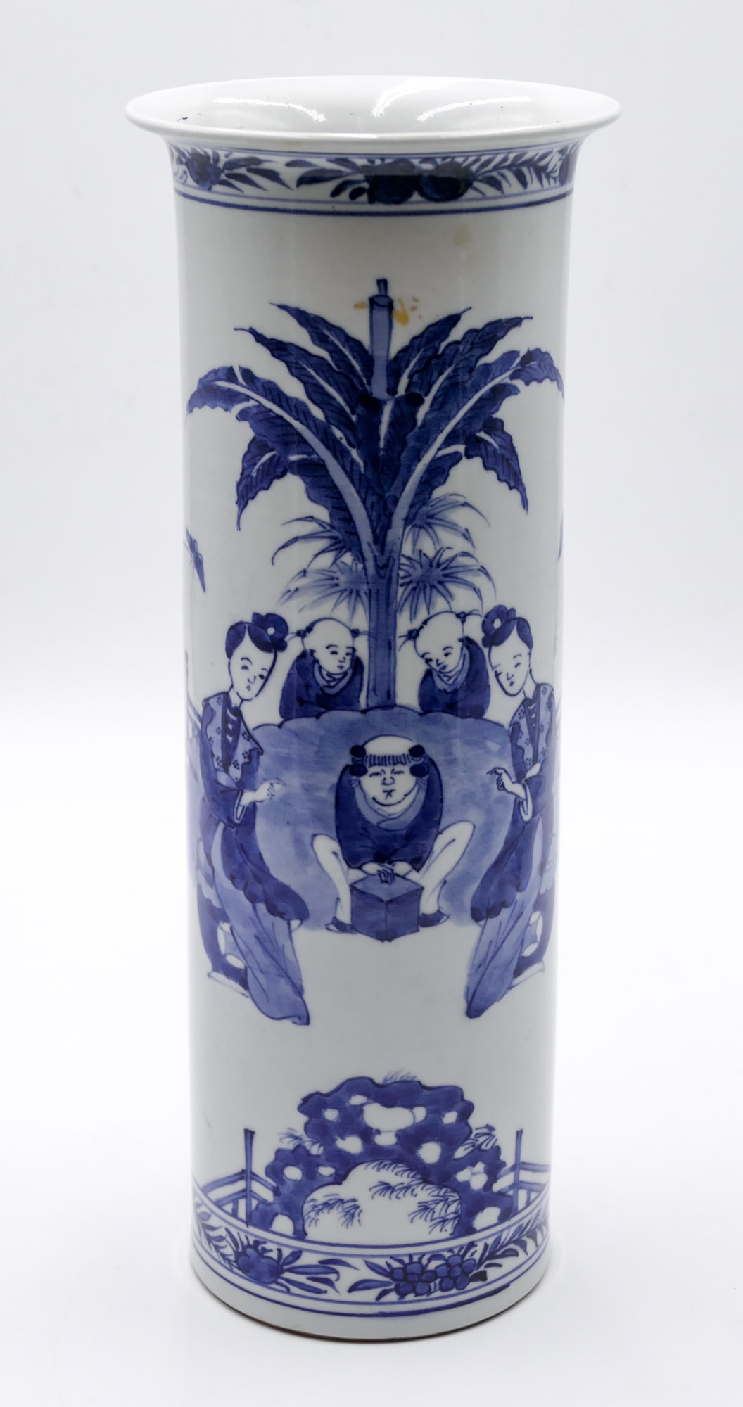 Chinese Blue & White Porcelain Tall Cylinder Vase: Chinese Blue & White Porcelain Tall Cylinder Vase 14.5 ". Molded hole in bottom for draining. Excellent condition.
