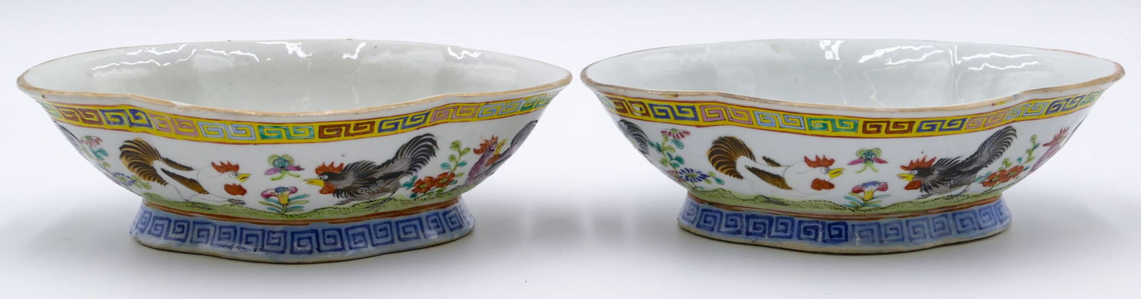 Pair Chinese Quatrefoil Porcelain Rooster Bowls (1 of 2)