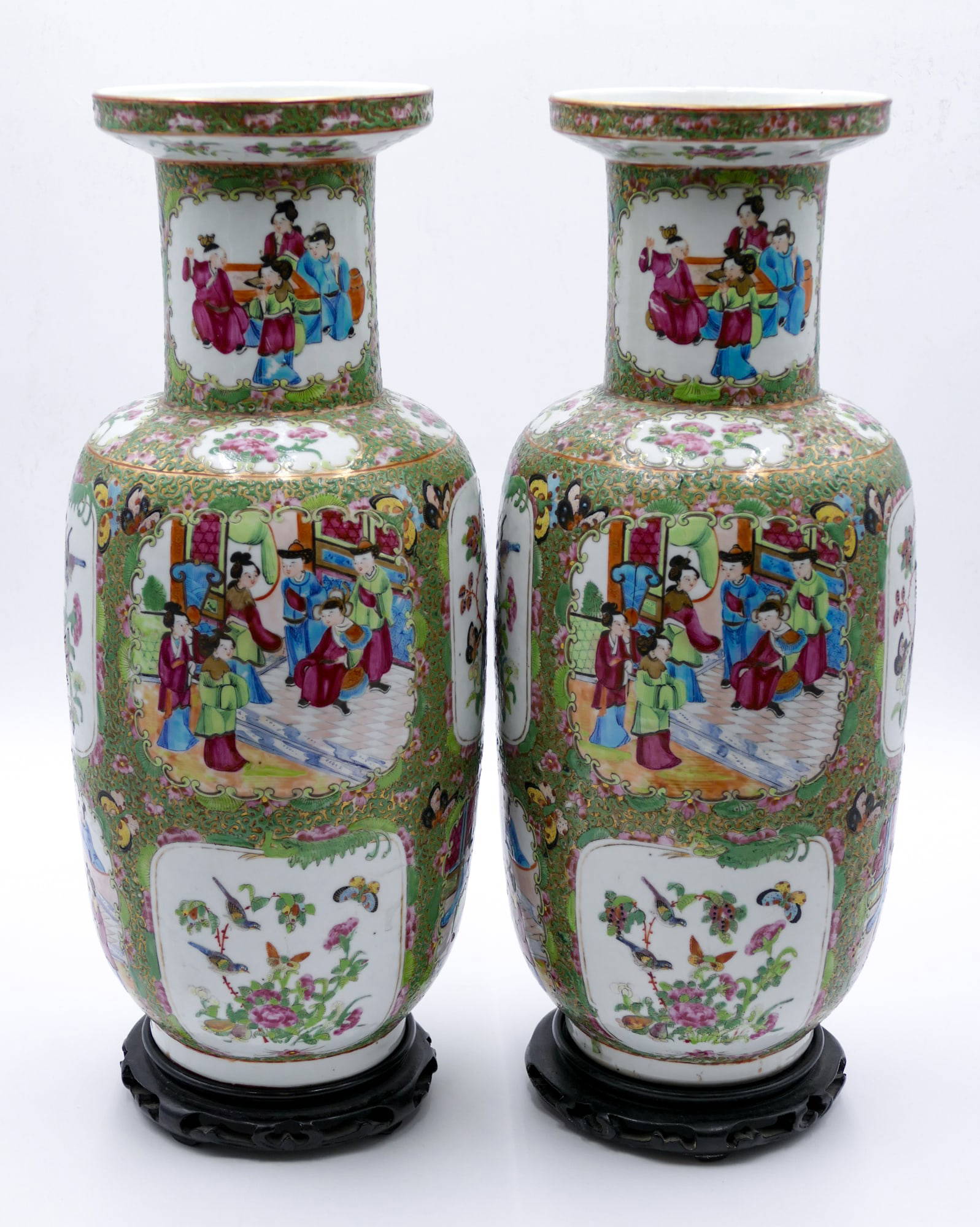 Pair Antique Chinese Rose Canton Rouleau Vases on Stands