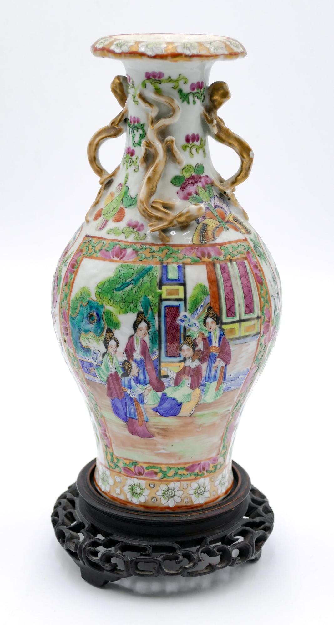 Antique Chinese Rose Canton Chilong Handled Vase on Stand (1 of 4)