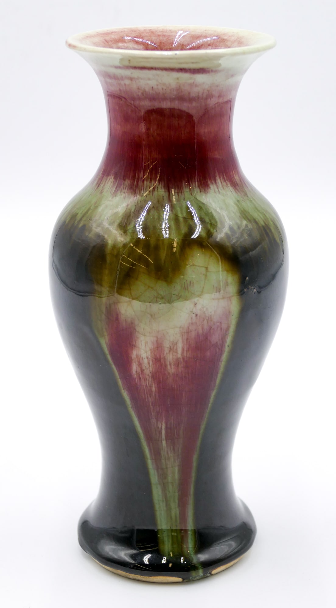 Old Chinese Oxblood Flambe Porcelain Vase: Old Chinese Oxblood Flambe Porcelain Vase 9 ". Unmarked. Some glaze crazing. Overall excellent condition. Note inside states it was sent home to father from China in 1947.