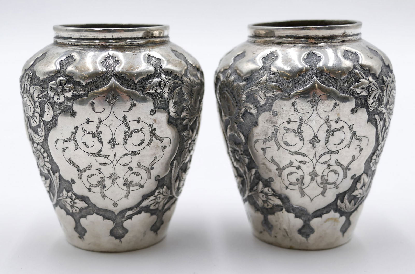Pair Old Persian Repousse Silver Cabinet Vases (1 of 3)