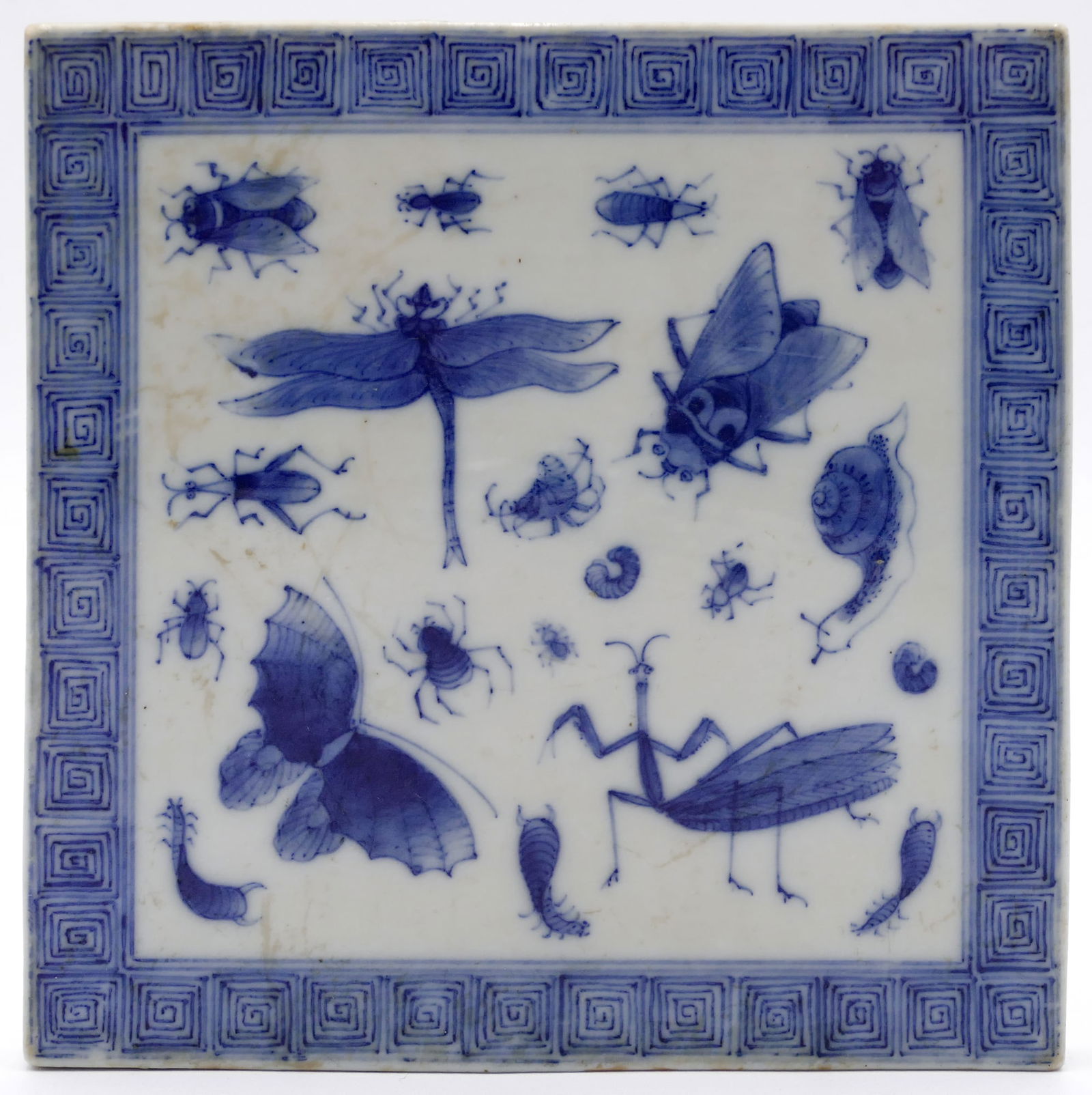 Antique Japanese Arita Blue & White Insect Tile: Antique Japanese Arita Blue & White Insect Tile 6 "x6 ". Large sliver chip to verso. Overall excellent condition.