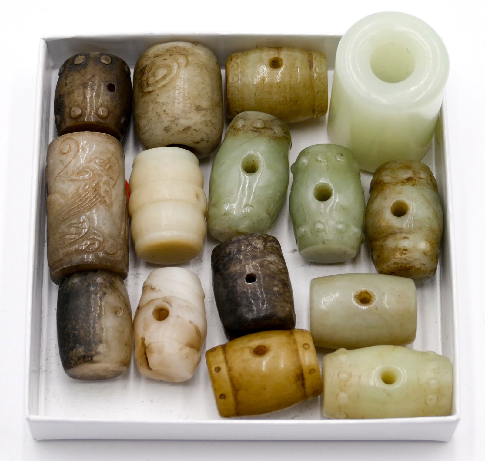 15pc Old Chinese Jade Carved Drum Beads etc. (1 of 2)