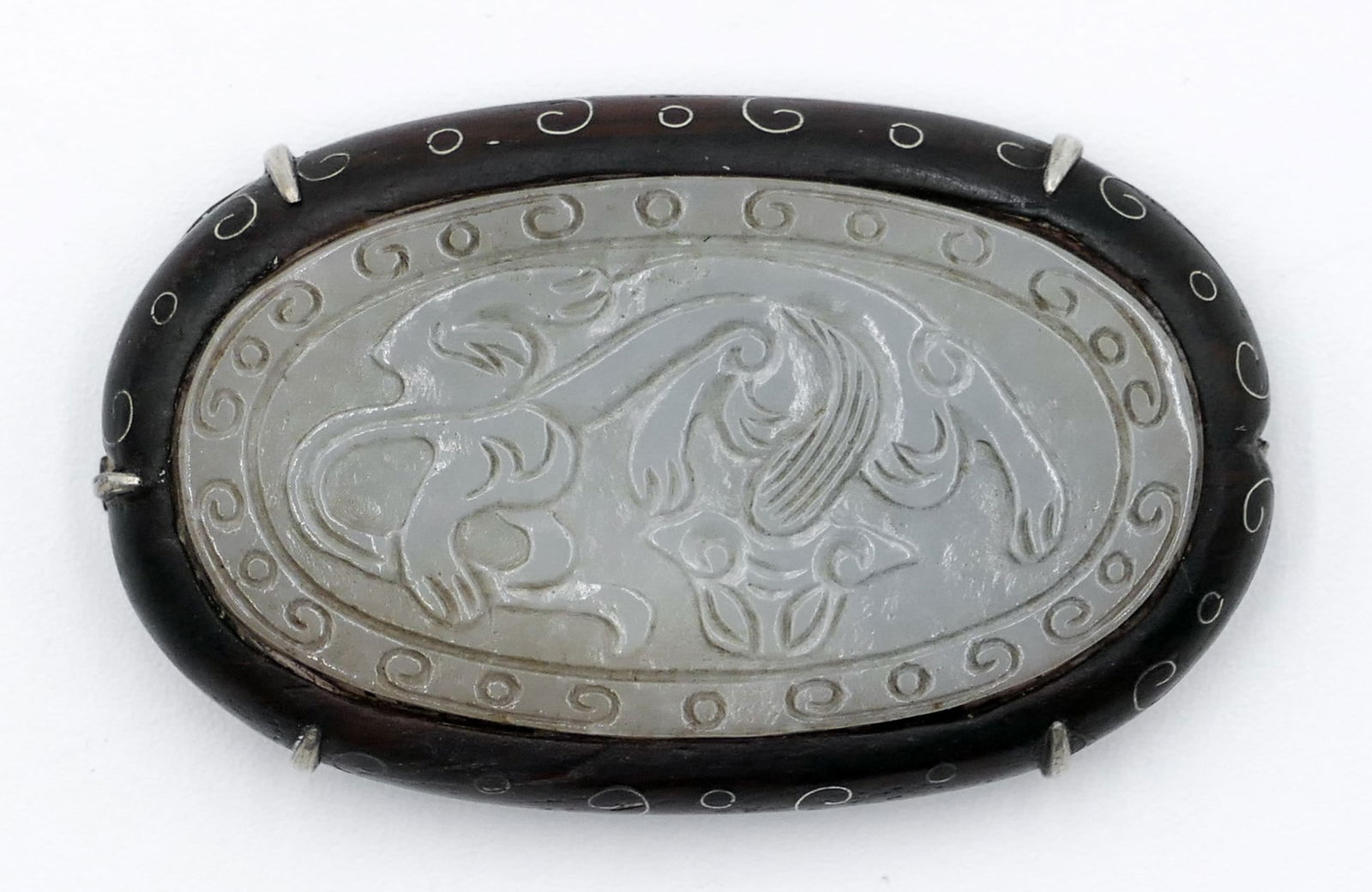 Old Chinese Silver Mounted Jade Chilong Brooch: Old Chinese Silver Mounted Jade Chilong Brooch 2 ". Silver wire inlaid rosewood with chilong jade plaque. Overall excellent condition.