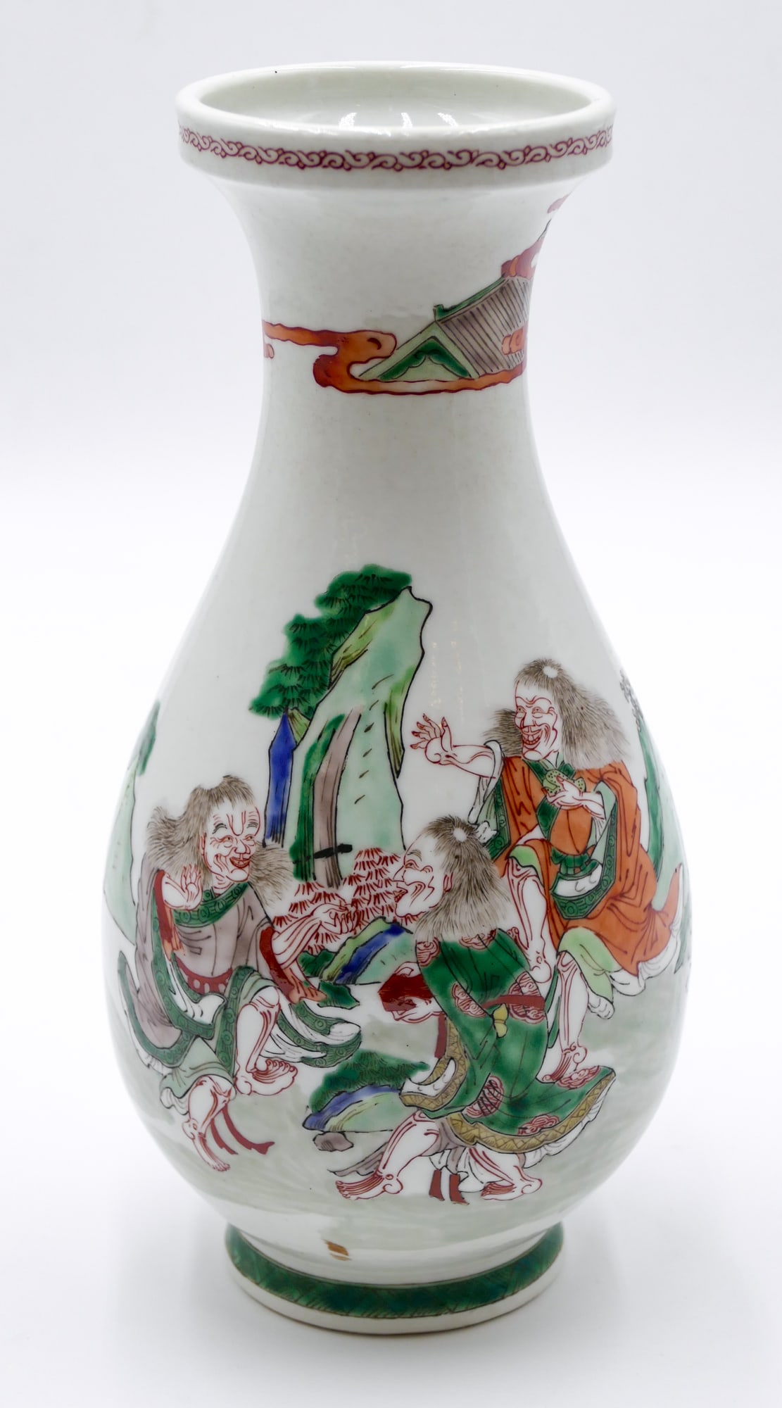 Old Chinese Famille Verte Pear Shaped Porcelain Vase: Old Chinese Famille Verte Pear Shaped Porcelain Vase 9.5 ". Polychrome enameled demon figure motifs. Excellent condition.