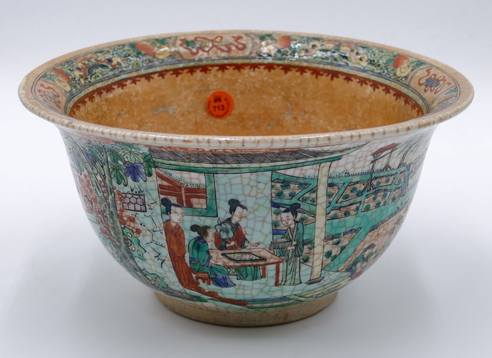 Old Chinese Famille Verte Crackle Glaze Bowl: Old Chinese Famille Verte Crackle Glaze Bowl 5.5 "x10.5 ". Polcyhrome enameled with courtesans and workers in rice field. Glaze discoloration to interior from use. Overall excellent condition.