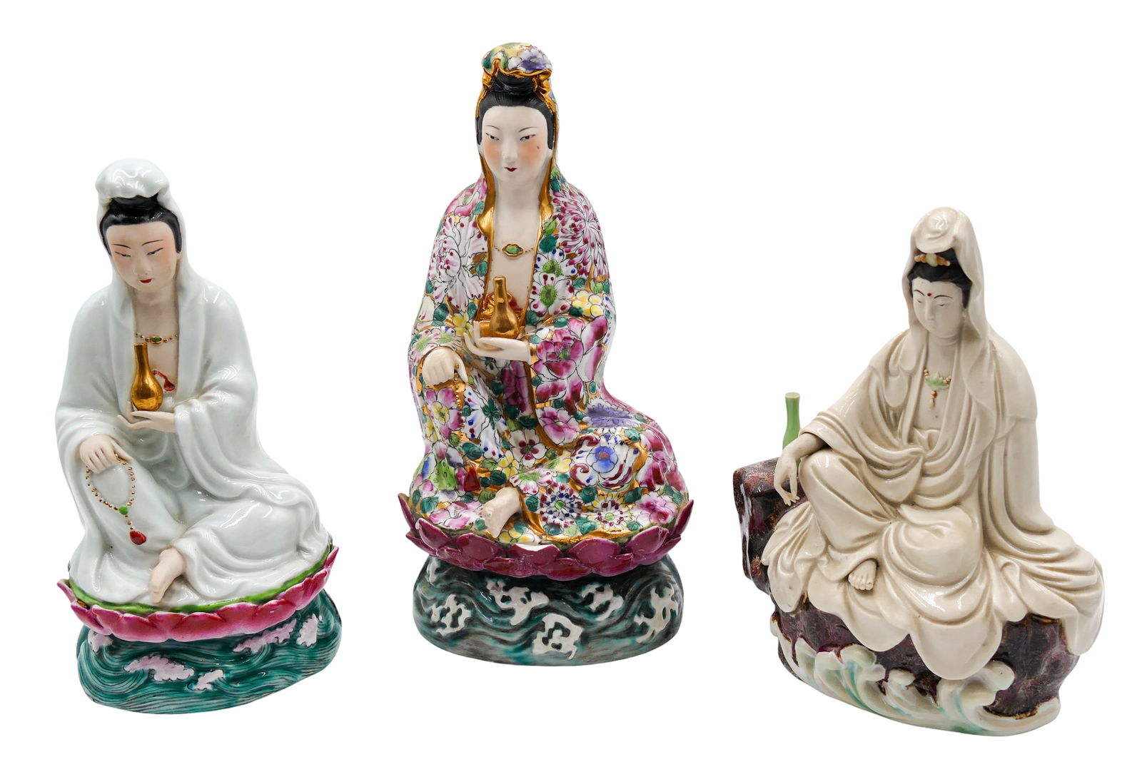 3pc Chinese Seated Guanyin Porcelain Figures (1 of 3)