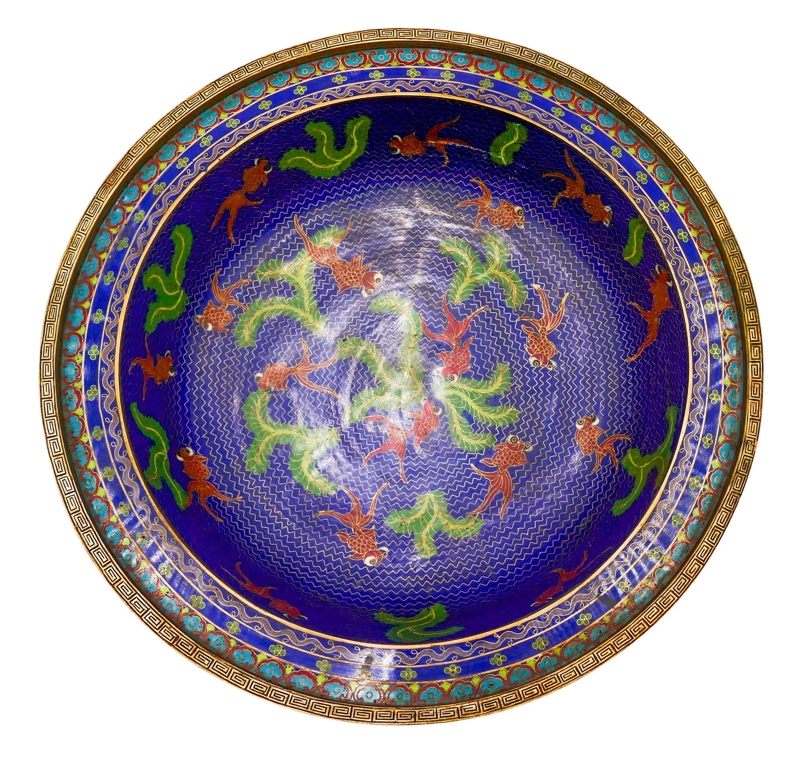 Old Chinese Goldfish Cloisonne Wash Basin: Old Chinese Goldfish Cloisonne Wash Basin 15 ". Polychrome decorated on all surfaces. Excellent condition.