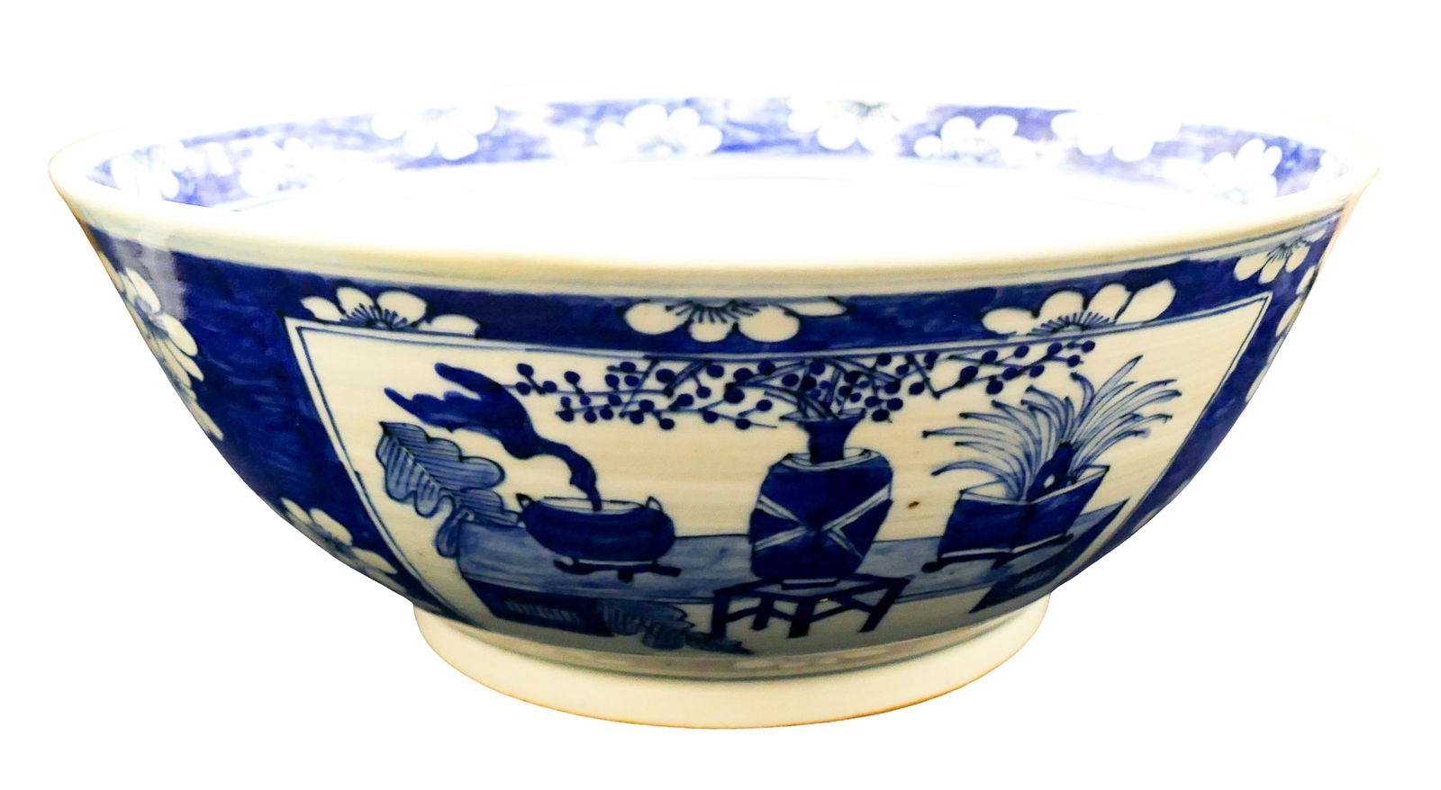Antique Chinese Blue & White Porcelain Prunus Bowl: Antique Chinese Blue & White Porcelain Prunus Bowl 5 "x13 ". A few old professional repairs to top rim. Small spider crack to underside.