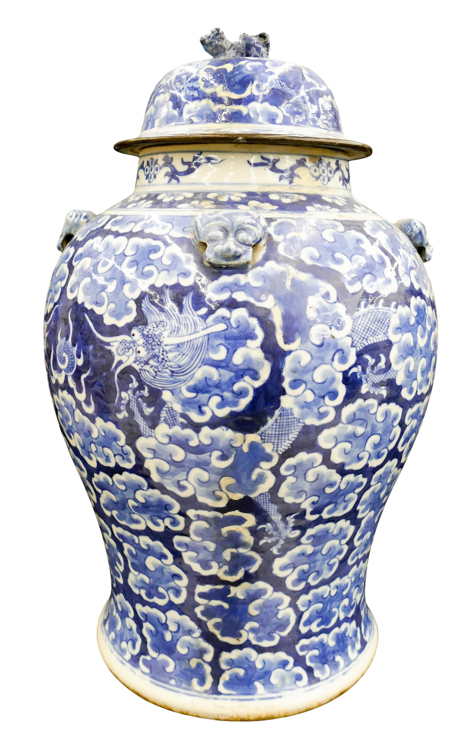 Antique Chinese Blue & White Dragon Phoenix Jar on Stand (1 of 5)