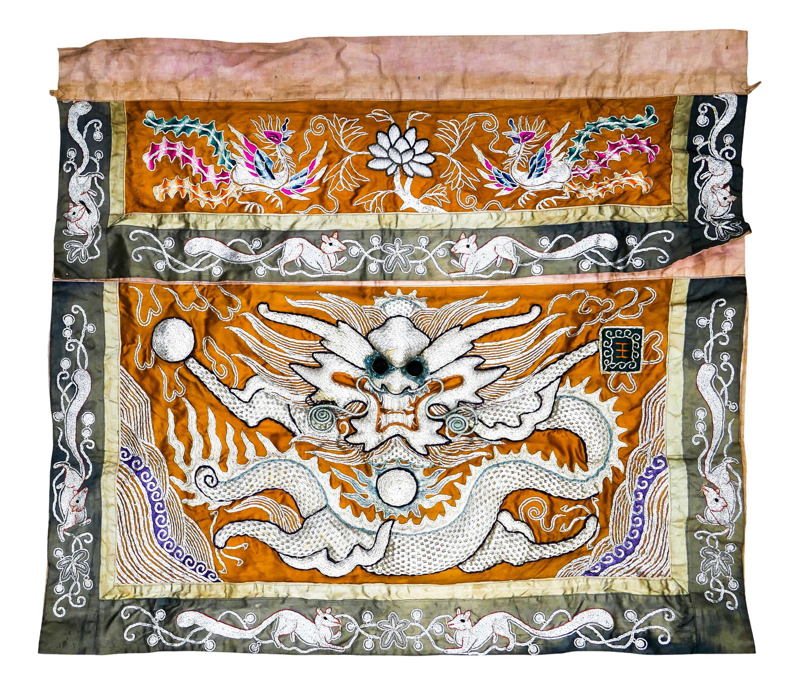 Old Chinese Silver Thread Embroidered Dragon Altar Panel (1 of 2)