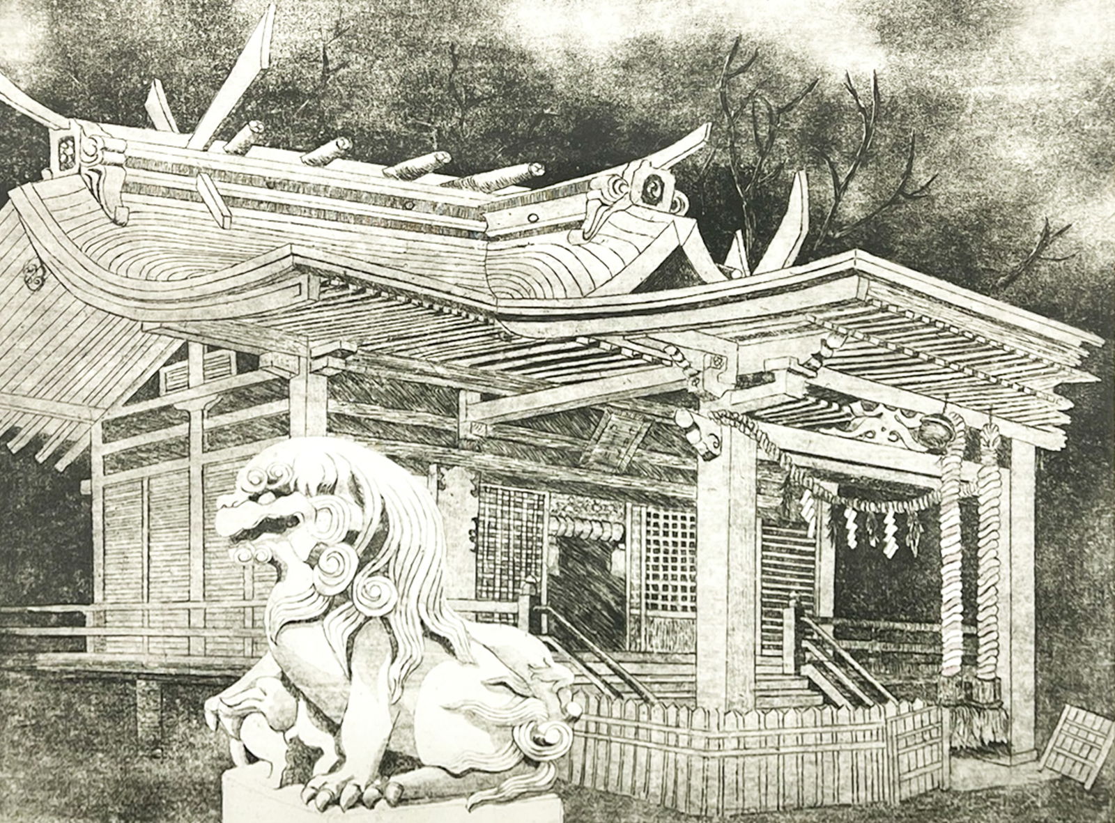 L. Blossom "Kanno Jinga East-Uraga" Japanese Temple Etching: L. Blossom "Kanno Jinga East-Uraga " Japanese Temple Etching Framed 23 "x26 ". Pencil signed and notated Artist Proof lower margin. Excellent condition.