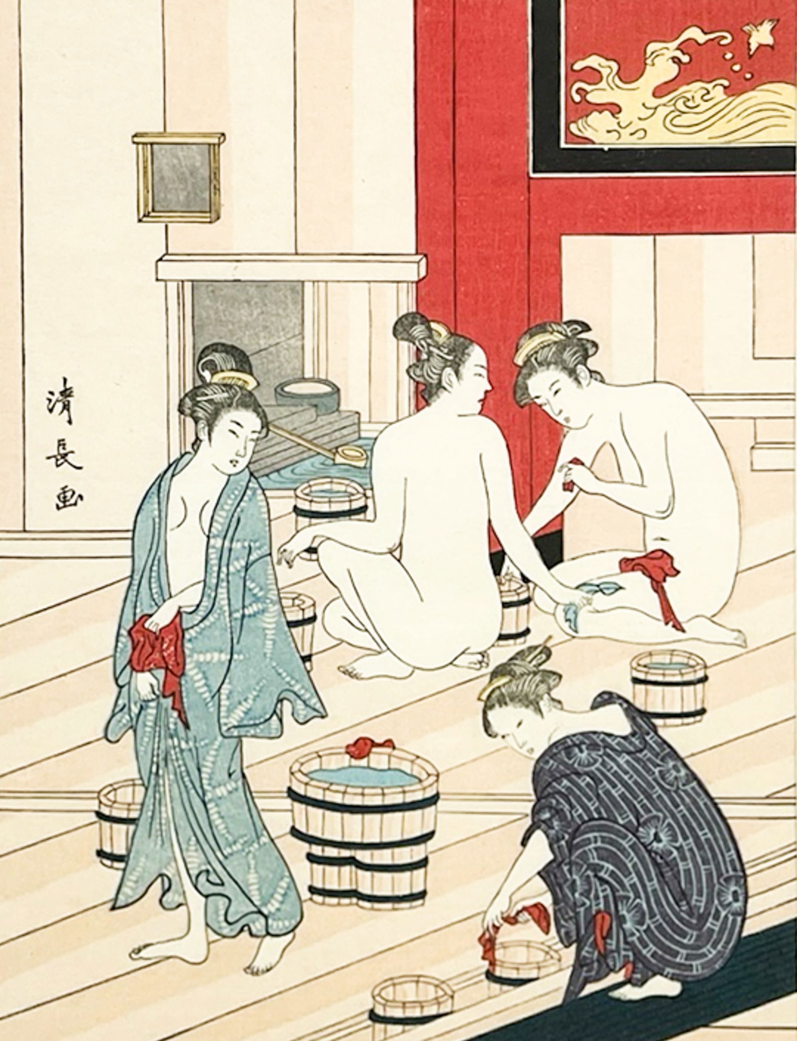 Torii Kiyonaga "Interior of a Bath House" Woodblock Print (1 of 2)