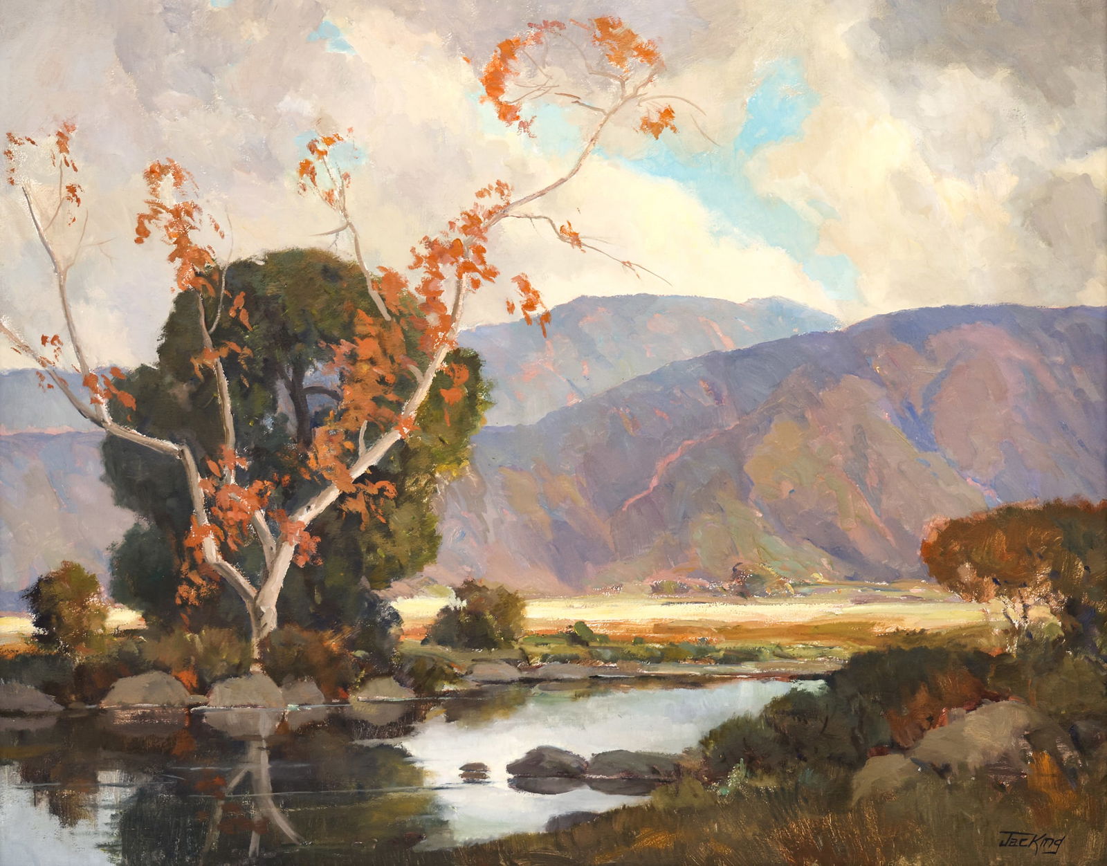 Jack Elmo King "California Landscape" Oil on Board: Jack Elmo King (1920-1998 Arizona) "California Landscape" Oil on Board 24"x30" Image. Signed l.r. and inscribed by artist on verso. Original gilt framing 28"x34". Professionally cleaned. Excellent
