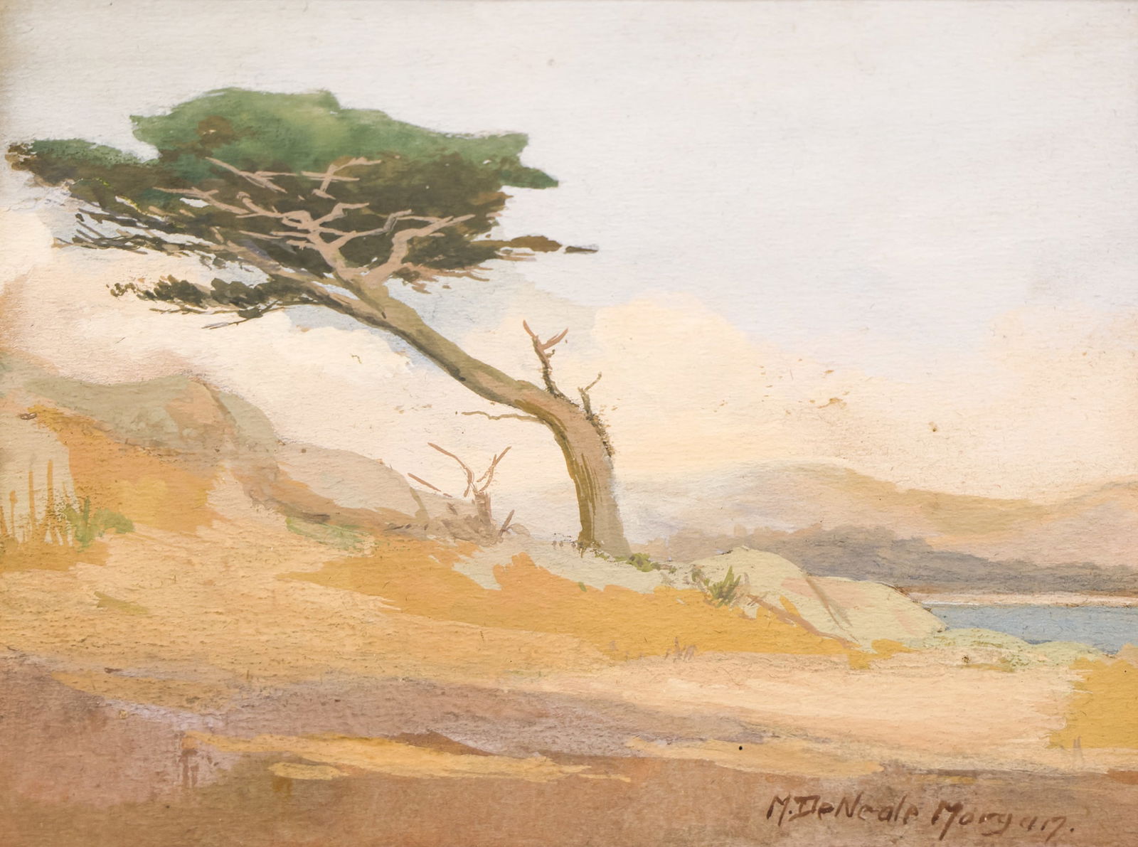 Mary DeNeale Morgan "Lone Cypress Tree" Gouache on Paper: Mary DeNeale Morgan (1868-1948 California) "Lone Cypress Tree" Gouache on Paper 7"x9" Image. Signed l.r. Gilt period framing with gallery matting 19"x23". Excellent condition.