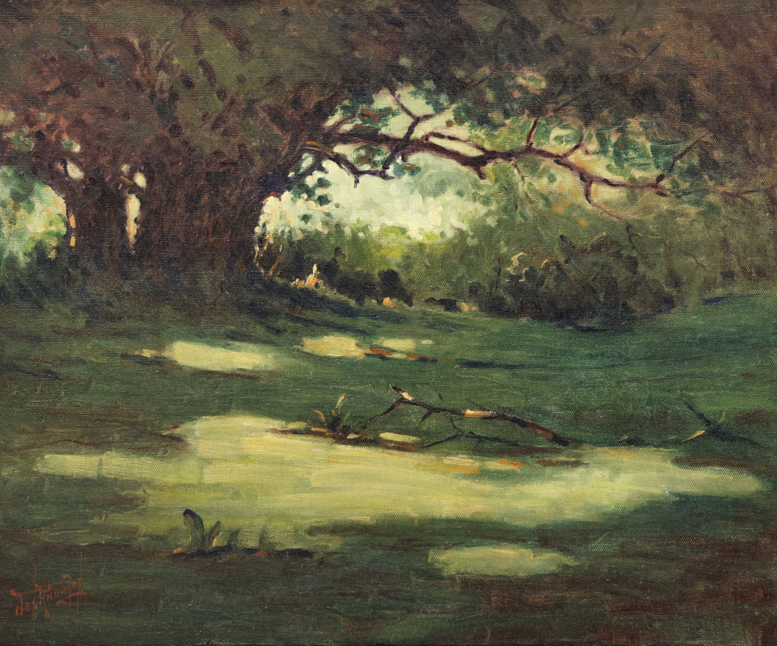 Joseph Knowles "Forest Park Landscape" Oil on Canvas: Joseph Knowles (1869-1942 Washington) "Forest Park Landscape" Oil on Canvas 20"x24" Image. Signed lower left. Exceptional period bat wing 5" corner frame 27"x31". Professionally cleaned. Excellent