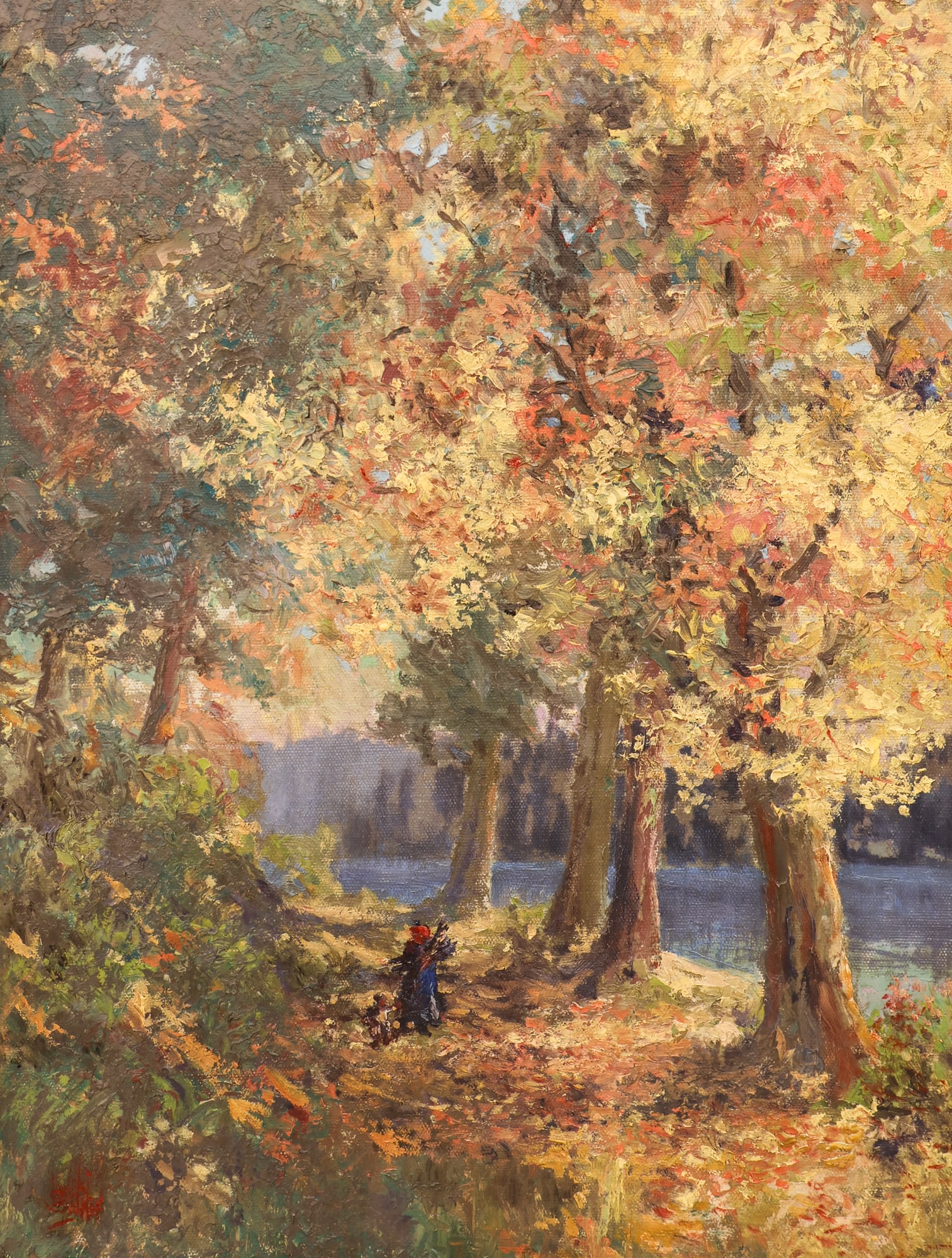 Lionel Salmon "Autumn, Vashon Island" Oil on Canvas Board: Lionel Salmon (1885-1945 Washington) "Autumn, Vashon Island" Oil on Canvas Board 24"x18" Image. Signed lower left. Exceptional period Edward Curtis style 4" corner framing 23"x29". Professionally