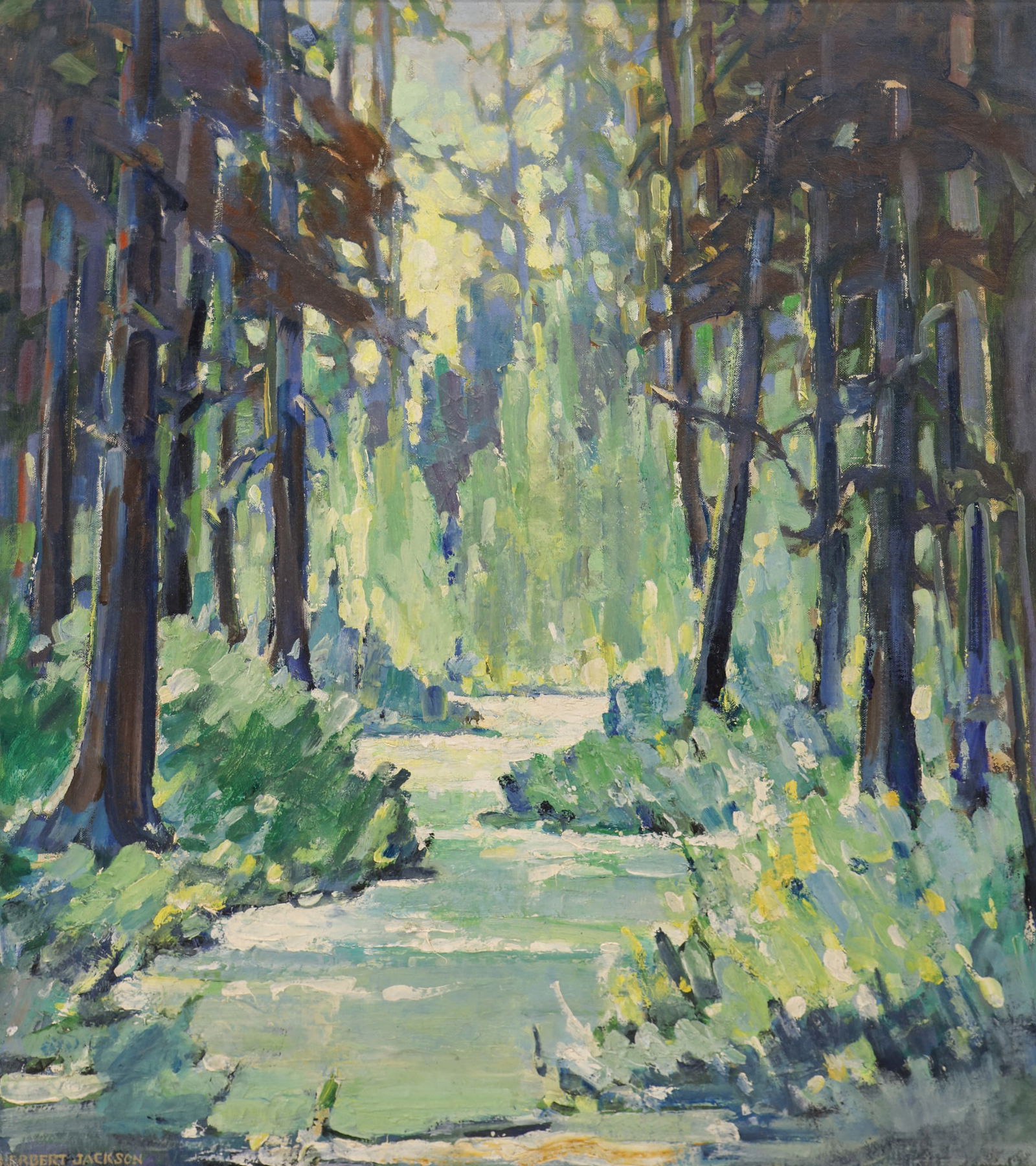 Herbert Jackson "Forest Path" Oil on Board: Herbert Jackson (1909-1989 American) "Forest Path" Oil on Board 24"x21" Image. Signed lower left. Period gilt framing 28"x24.5". Slight corner dent to lower left. Professionally cleaned. Overall