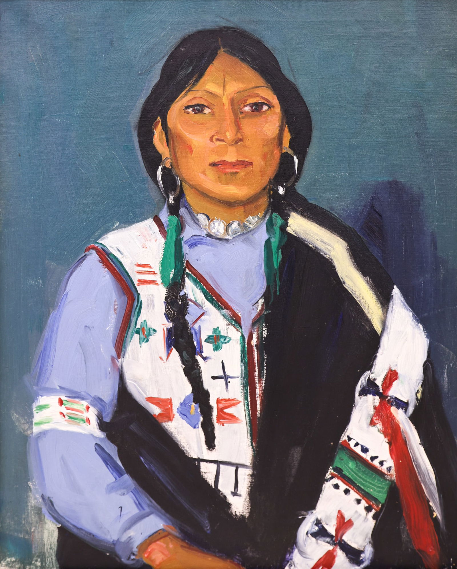 Kathleen Eva Houlahan "North American Indian" Oil on Canvas: Kathleen Eva Houlahan (1884-1964 Washington) "North American Indian" Oil on Canvas 30"x24" Image. Unsigned with estate stamp on stretcher verso. Gallery framed 35.5"x29.5". Professionally cleaned.
