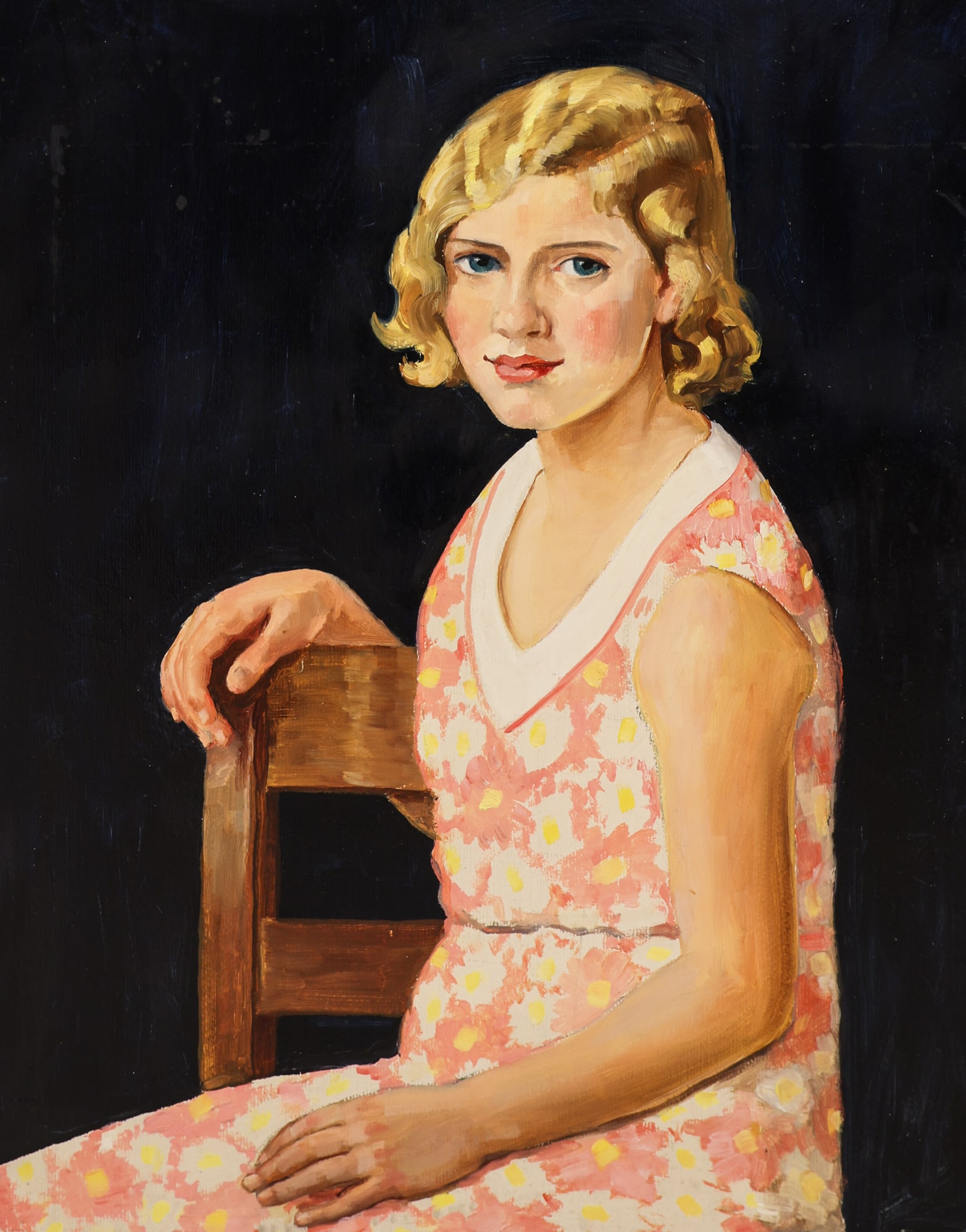 Kathleen Eva Houlahan "The Pink Flower Dress" Oil on Masonite: Kathleen Eva Houlahan (1884-1964 Washington) "The Pink Flower Dress" Oil on Masonite 28"x22" Image. Unsigned with estate stamp on verso. Modern framing 33"x27". Professionally cleaned and restored