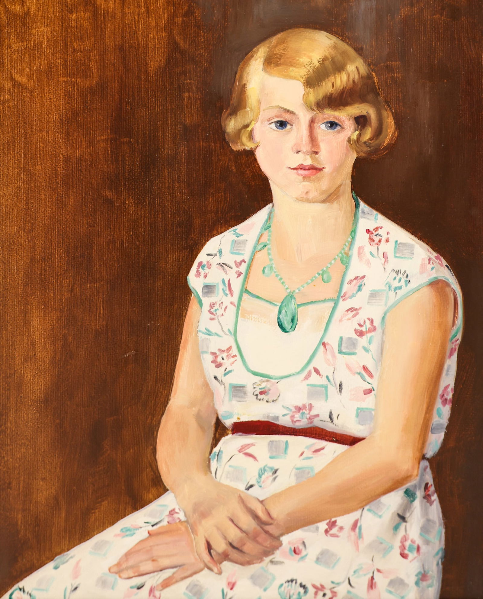 Kathleen Eva Houlahan "The Jade Necklace" Oil on Masonite: Kathleen Eva Houlahan (1884-1964 Washington) "The Jade Necklace" Oil on Masonite 26"x20" Image. Unsigned with estate stamp on verso. Modern framing 30"x24". Professionally cleaned. Excellent