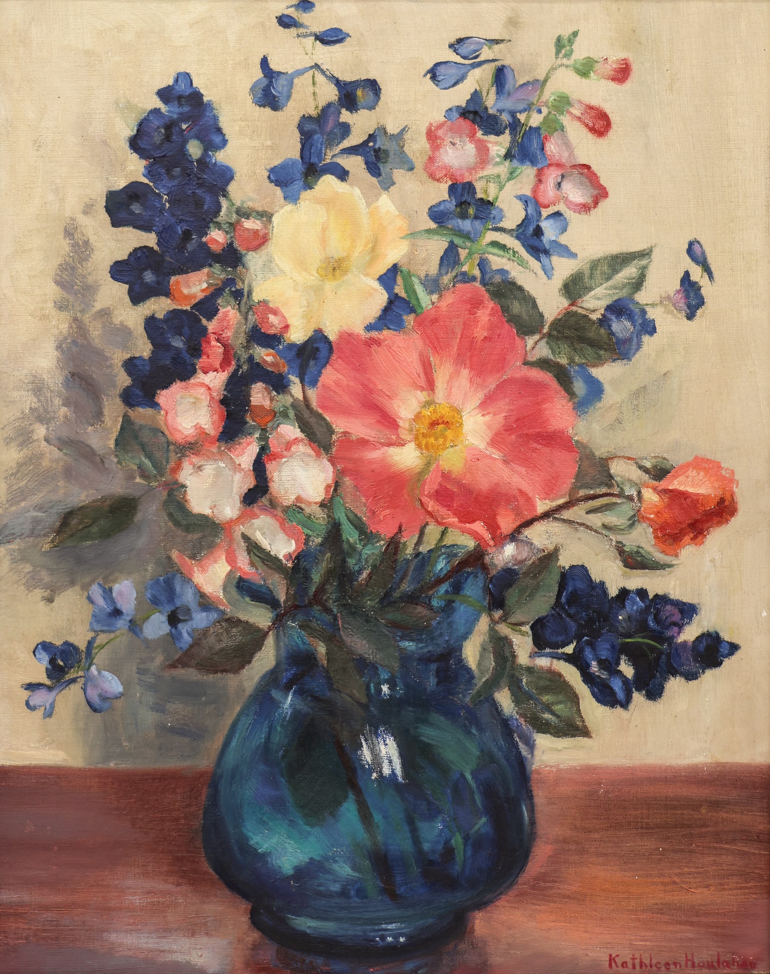 Kathleen Eva Houlahan "Still Life with Blue Vase" Oil on Canvas: Kathleen Eva Houlahan (1884-1964 Washington) "Floral Still Life with Blue Vase" Oil on Canvas 20"x16" Image. Signed l.r. with estate stamp on stretcher verso. Gilt period framing 23"x19".