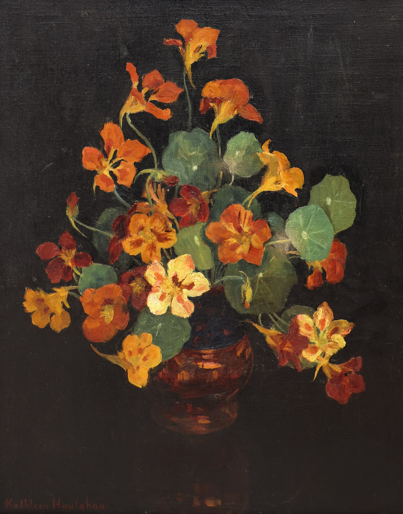 Kathleen Eva Houlahan "Still Life with Copper Pot" Oil on Canvas: Kathleen Eva Houlahan (1884-1964 Washington) "Floral Still Life with Copper Pot" Oil on Canvas 20"x16" Image. Signed lower left with estate stamp on stretcher verso. Period framing 24"x20".