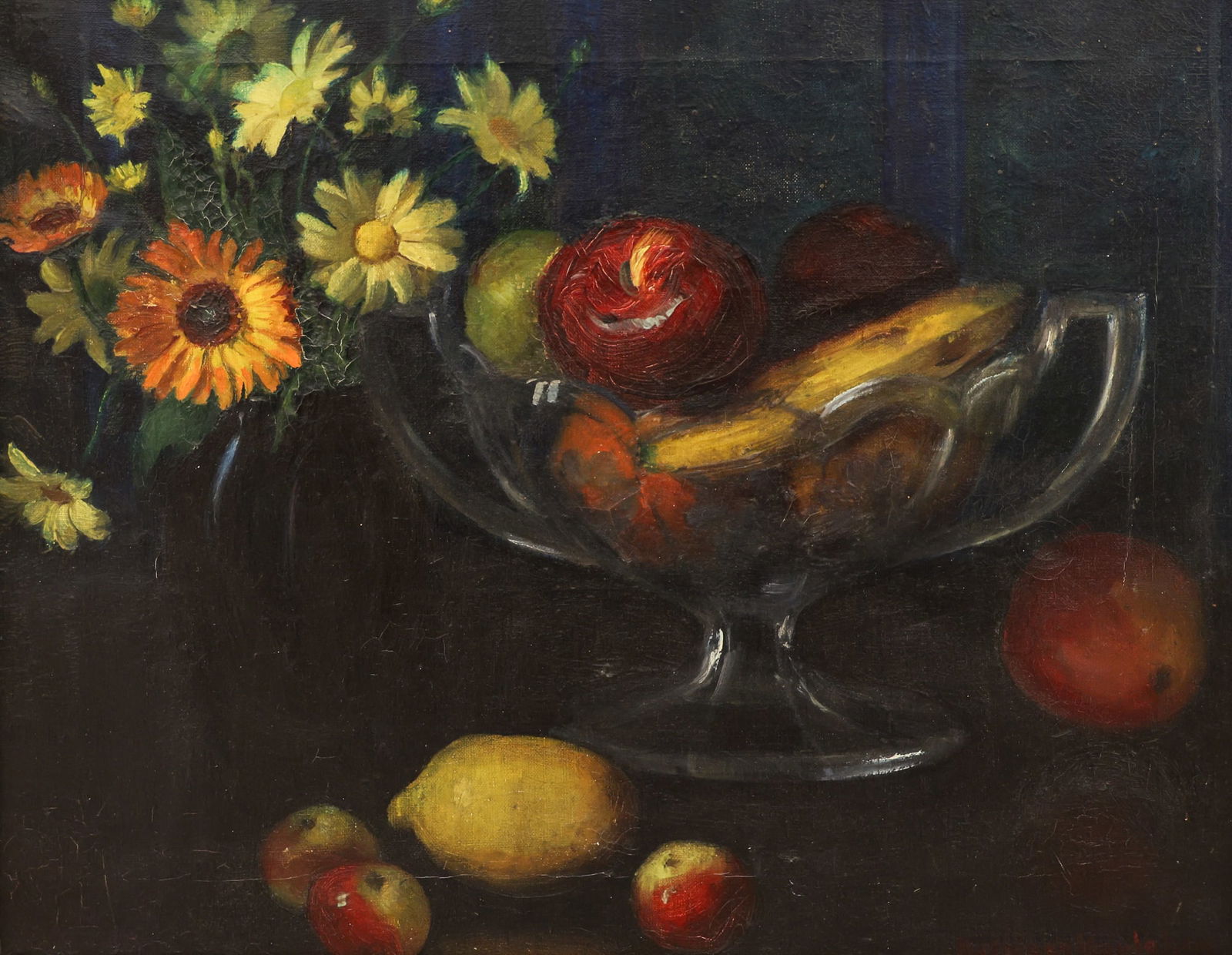 Kathleen Eva Houlahan "Fruit and Flowers" (Still Life) Oil on Canvas: Kathleen Eva Houlahan (1884-1964 Washington) "Fruit and Flowers" (Still Life) Oil on Canvas 16"x20" Image. Signed l.r. with estate stamp on stretcher verso. Modern gilt framing 22"x26".