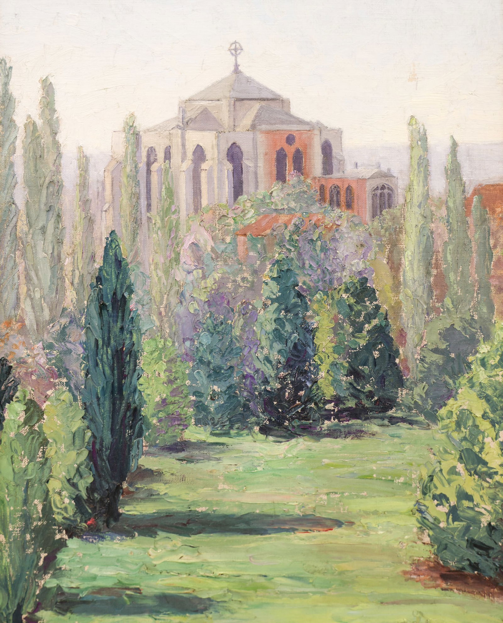 Myra Albert Wiggins "St. Marks from Volunteer Park" Oil on Canvas Board: Myra Albert Wiggins (1884-1964 Washington) "St. Marks from Volunteer Park" Oil on Canvas Board 20"x16" Image. Signed and titled on verso with notation "Churches of Seattle 1932 or 1933". Modern gilt