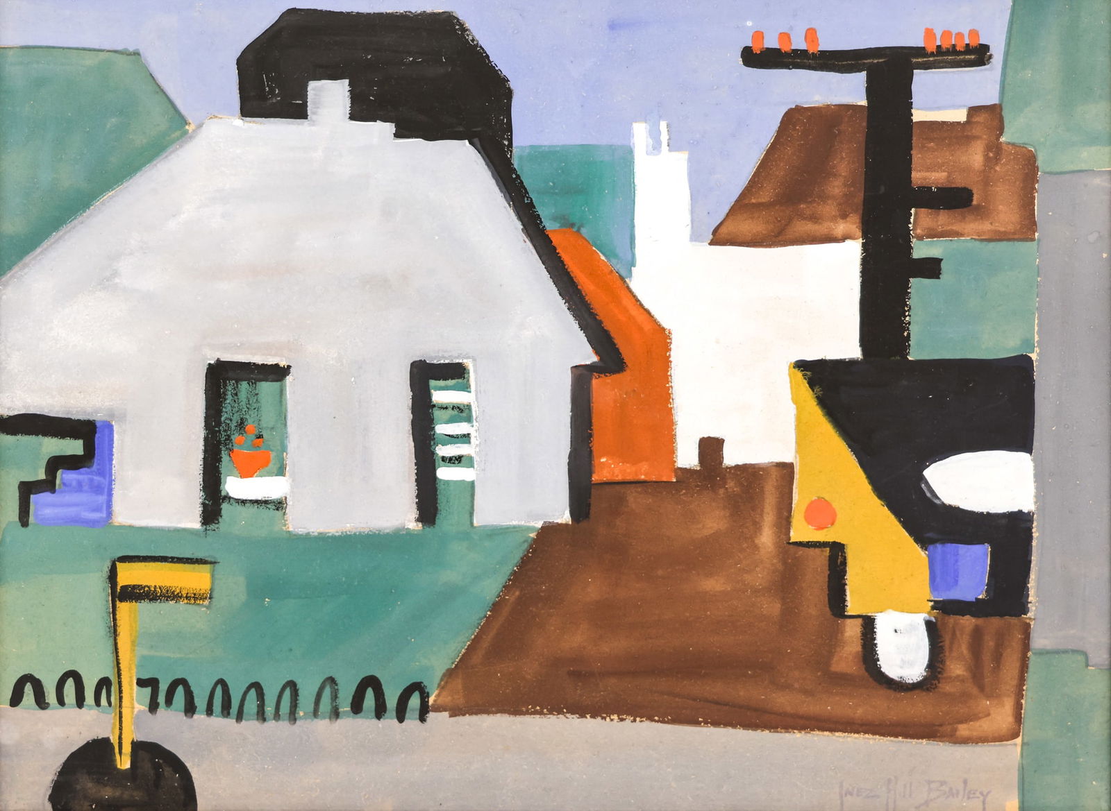 Inez Hill Bailey "Street Scene" Gouache on Cardboard (1 of 2)
