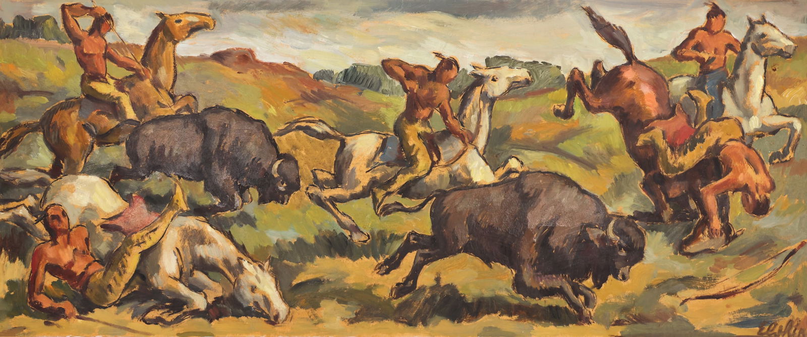 Jacob Elshin "Buffalo Hunt" (Mural Study) Oil on Board (1 of 2)