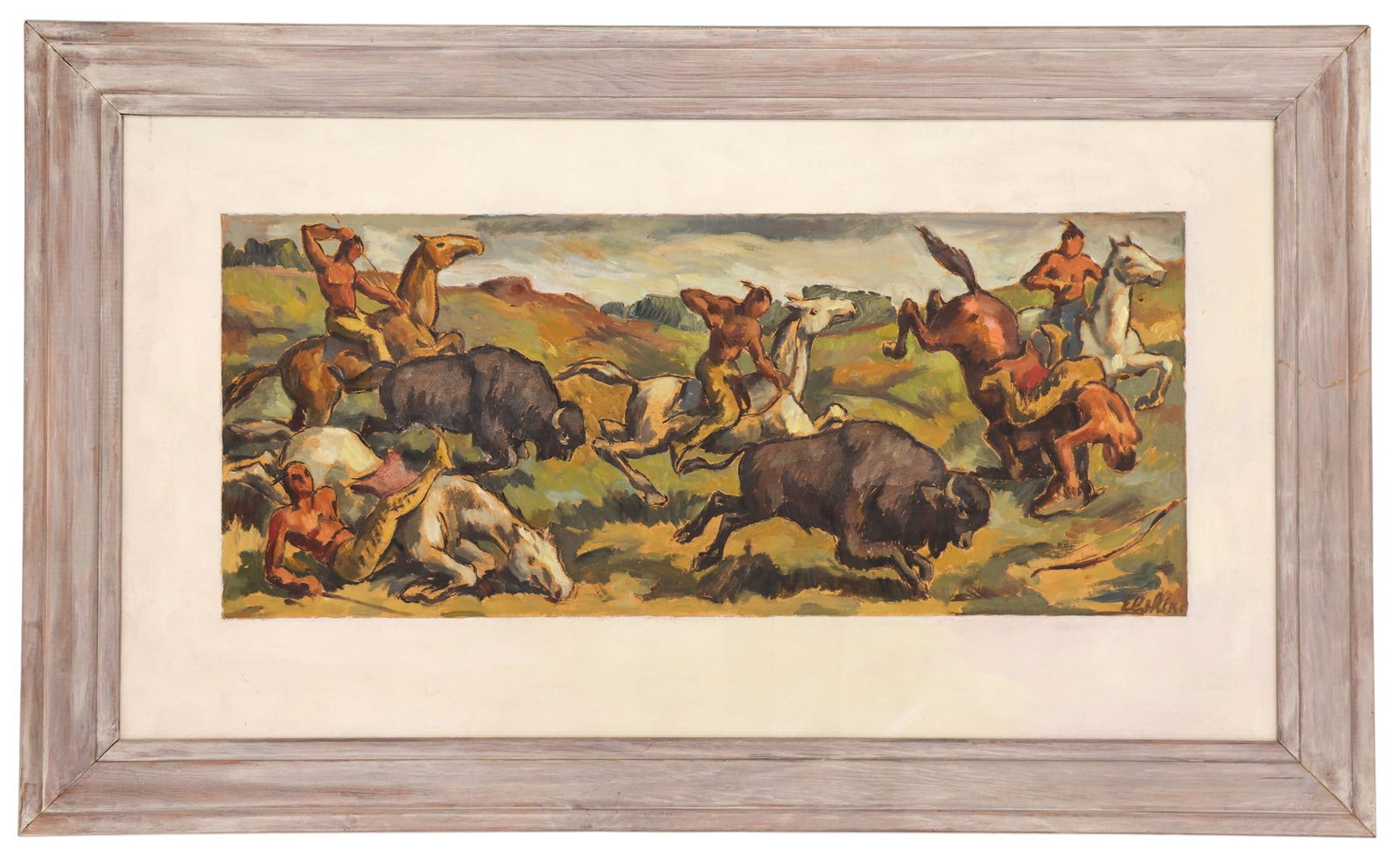 Jacob Elshin "Buffalo Hunt" (Mural Study) Oil on Board - 2