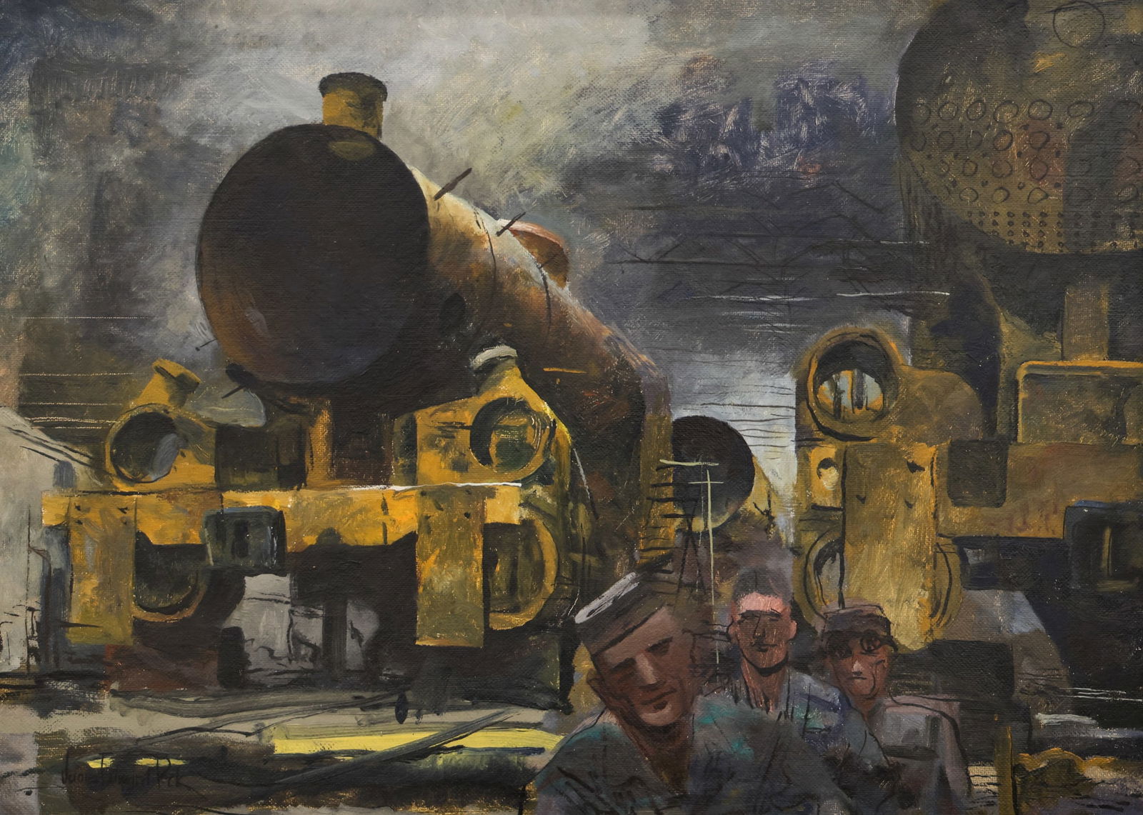 James Edward Peck "B&O Railway Engine Shops" 1946 Oil on Masonite: James Edward Peck (1907-2002 Washington) "B&O Railway Engine Shops, Baltimore" 1946 Oil on Masonite 25"x34" Image. Signed lower left. Exhibited 29th May Show The Cleveland Museum of Art 1947, 33rd