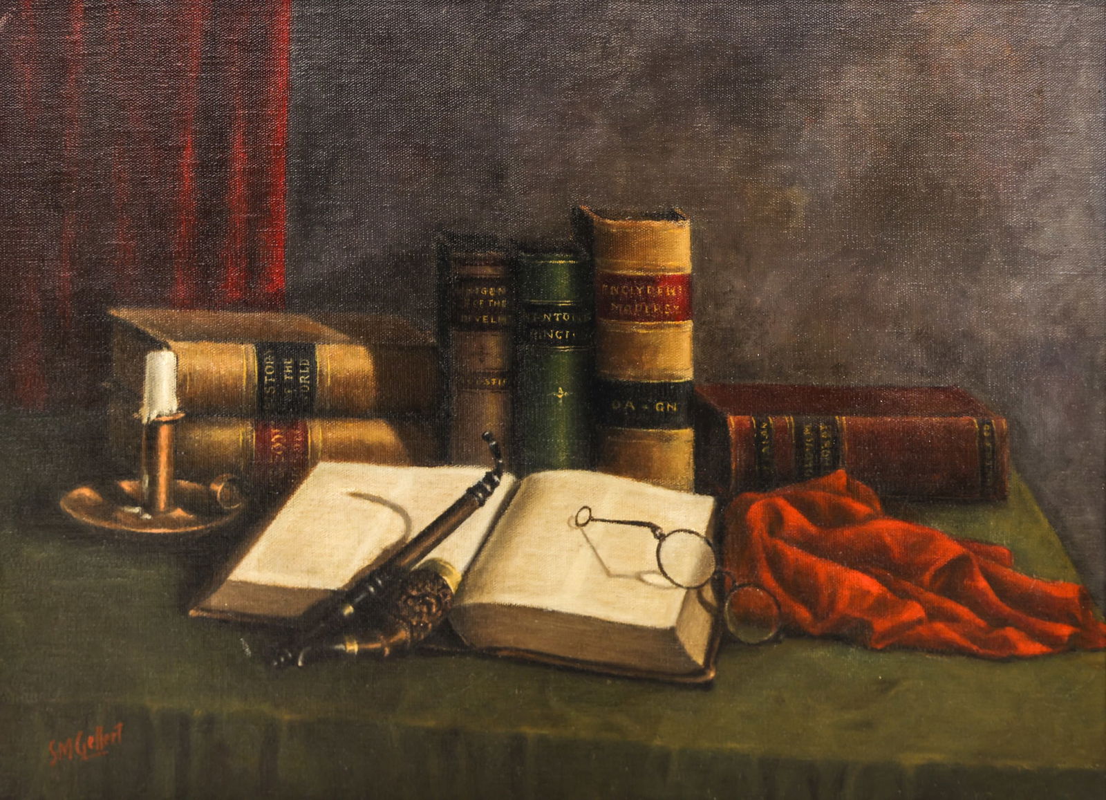 Samuel Gellert ''A Gentleman's Still Life'' Oil on Canvas Board: Samuel Gellert (1884-1951 American) "A Gentleman"s Still Life" Oil on Canvas Board 18"x24" Image. Signed lower left. Period closed corner framing 22"x28". Professionally cleaned with some minor