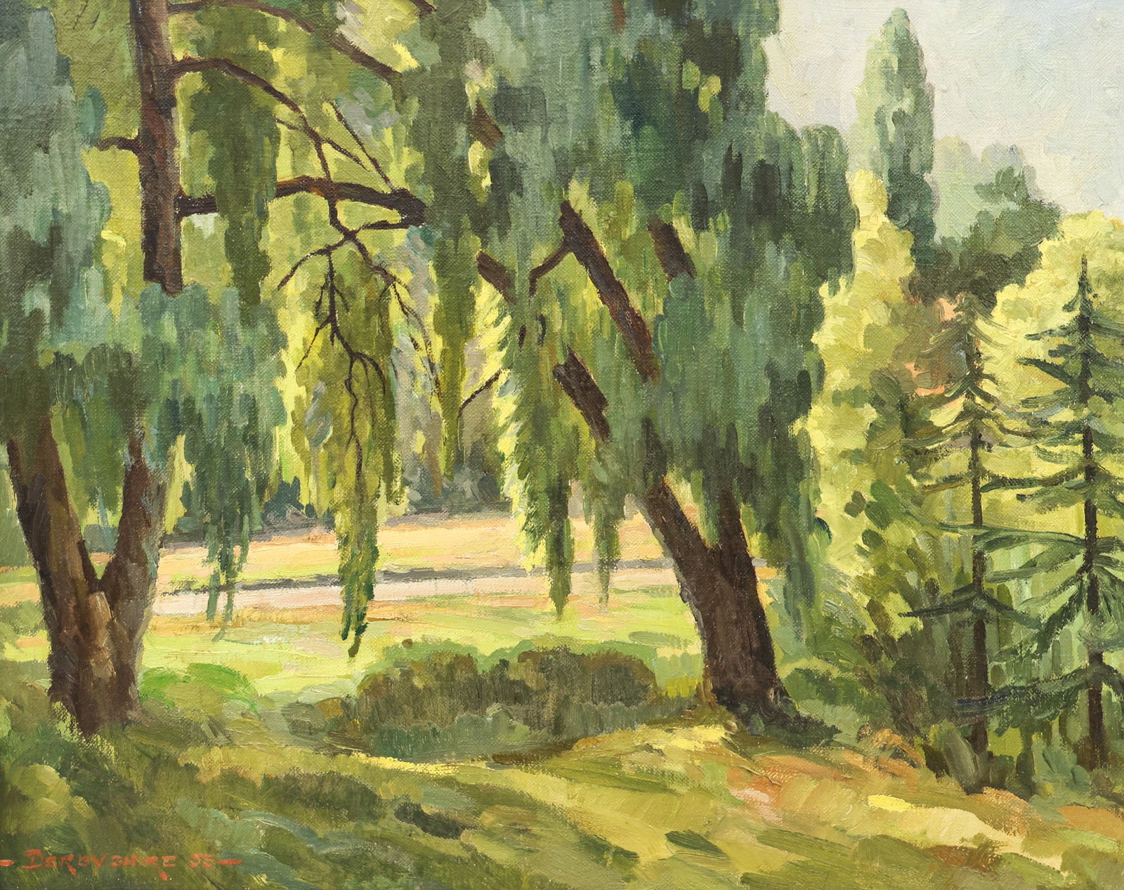 Leon Derbyshire "Afternoon Sunlight" 1955 Oil on Canvas: Leon Derbyshire (1896-1981 Washington) "Afternoon Sunlight" 1955 Oil on Canvas 16"x20" Image. Signed and dated lower left. Original framing 22"x26". Excellent condition.