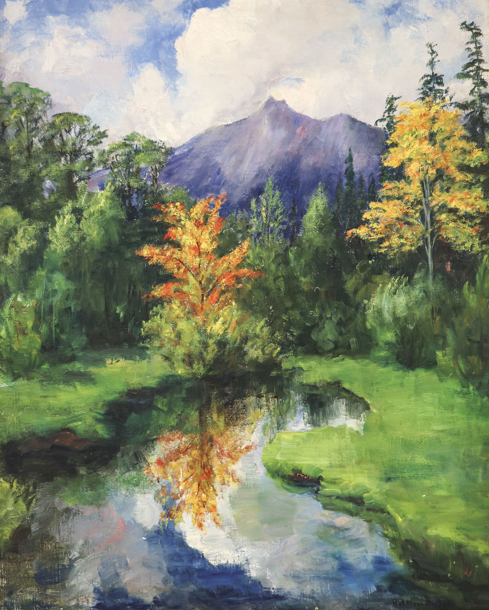 Kathleen Eva Houlahan "Fall Colors" (Mountain Scene) Oil on Canvas: Kathleen Eva Houlahan (1884-1964 Washington) "Fall Colors" (Mountain Scene) Oil on Canvas 30"x24" Image. Signed l.r. with estate stamp on verso. Gallery framed 36"x30". Professionally cleaned.