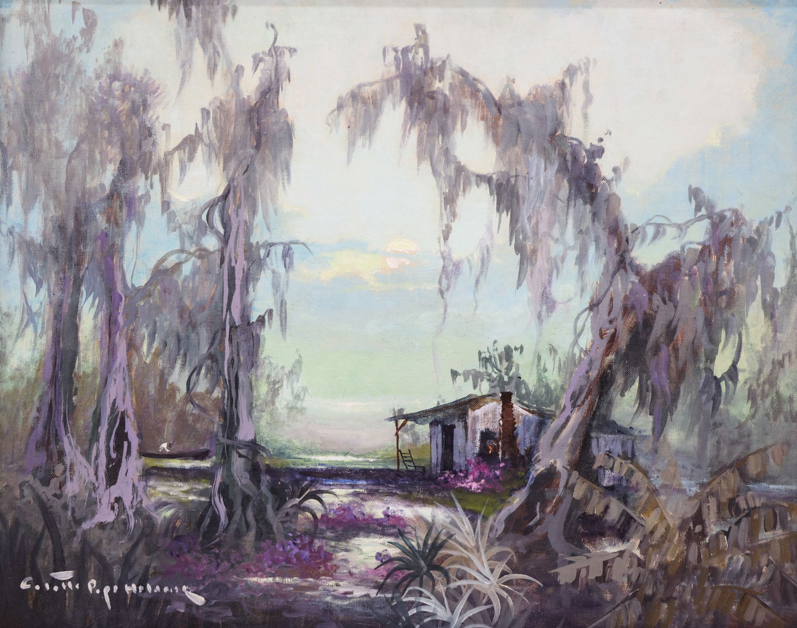 Colette Pope Heldner "Swamp Idyl" Oil on Canvas Board: Colette Pope Heldner (1902-1990 Louisiana) "Swamp Idyl, Louisiana Bayou Country" Oil on Canvas Board 16"x20" Image. Signed lower left and titled on verso. Gallery framed 23"x27". Professionally
