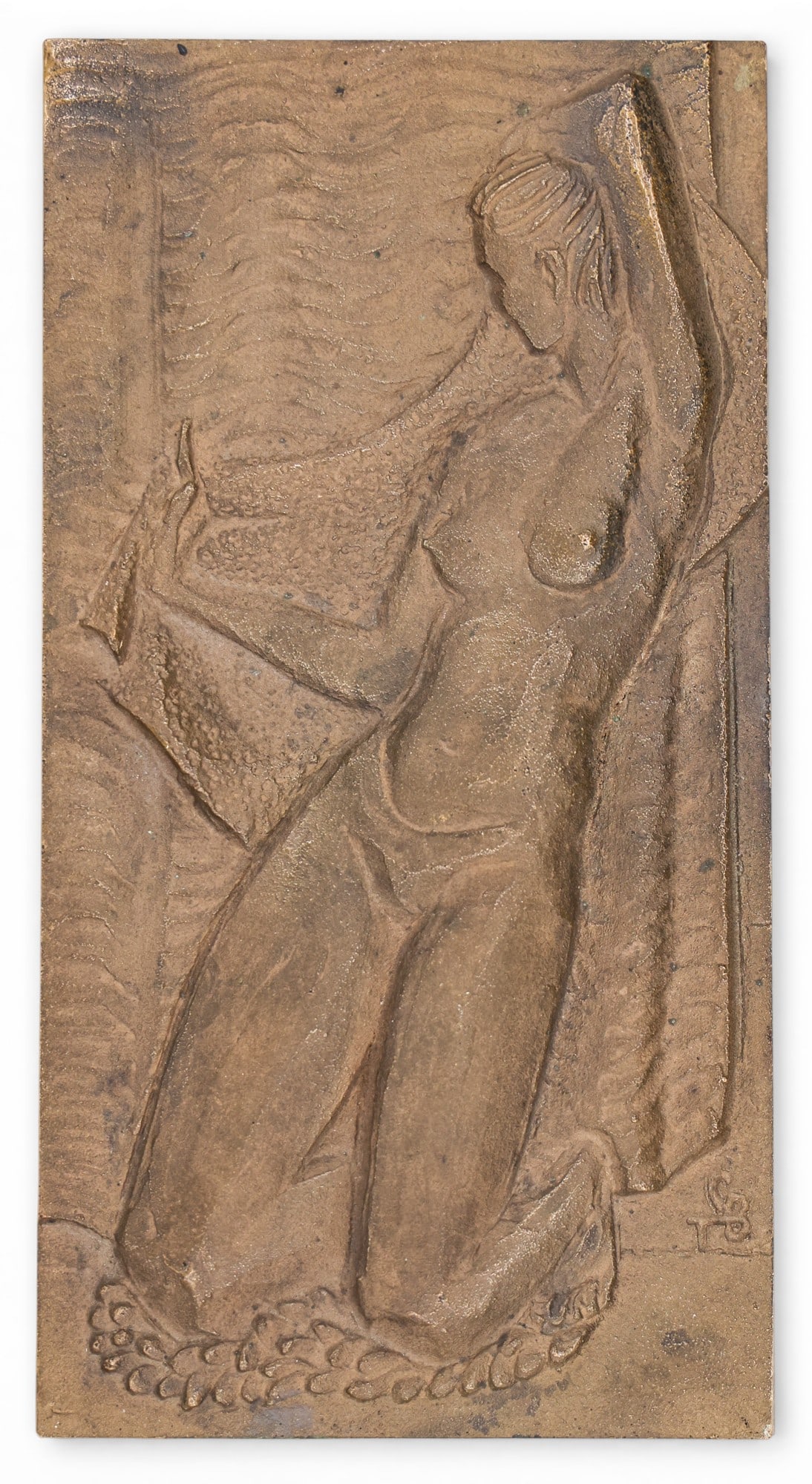 Carmen Brooks Taysom "Female Bather" Bronze Plaque: Carmen Brooks Taysom (1925-2001 Oregon) "Female Bather" Bronze Plaque 8"x4.25". Initialed lower right. Excellent condition. Exhibited at Oregon State Fair"s Artists of Oregon 1958.