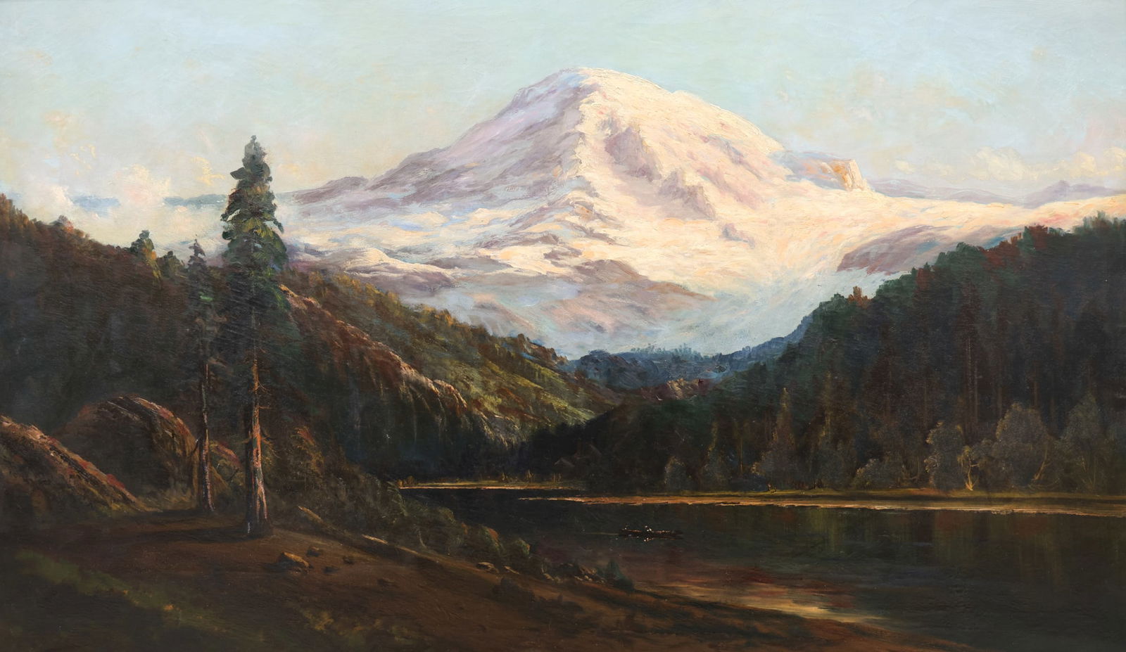 John Joseph Englehart "Mount Rainier" Large Oil on Canvas: John Joseph (J.J.) Englehart (1867-1915 Washington) "Mount Rainier" Oil on Canvas 30"x50" Image. Signed lower left. Original gilt framing 35"x55". Professionally restored with scattered in-painting by