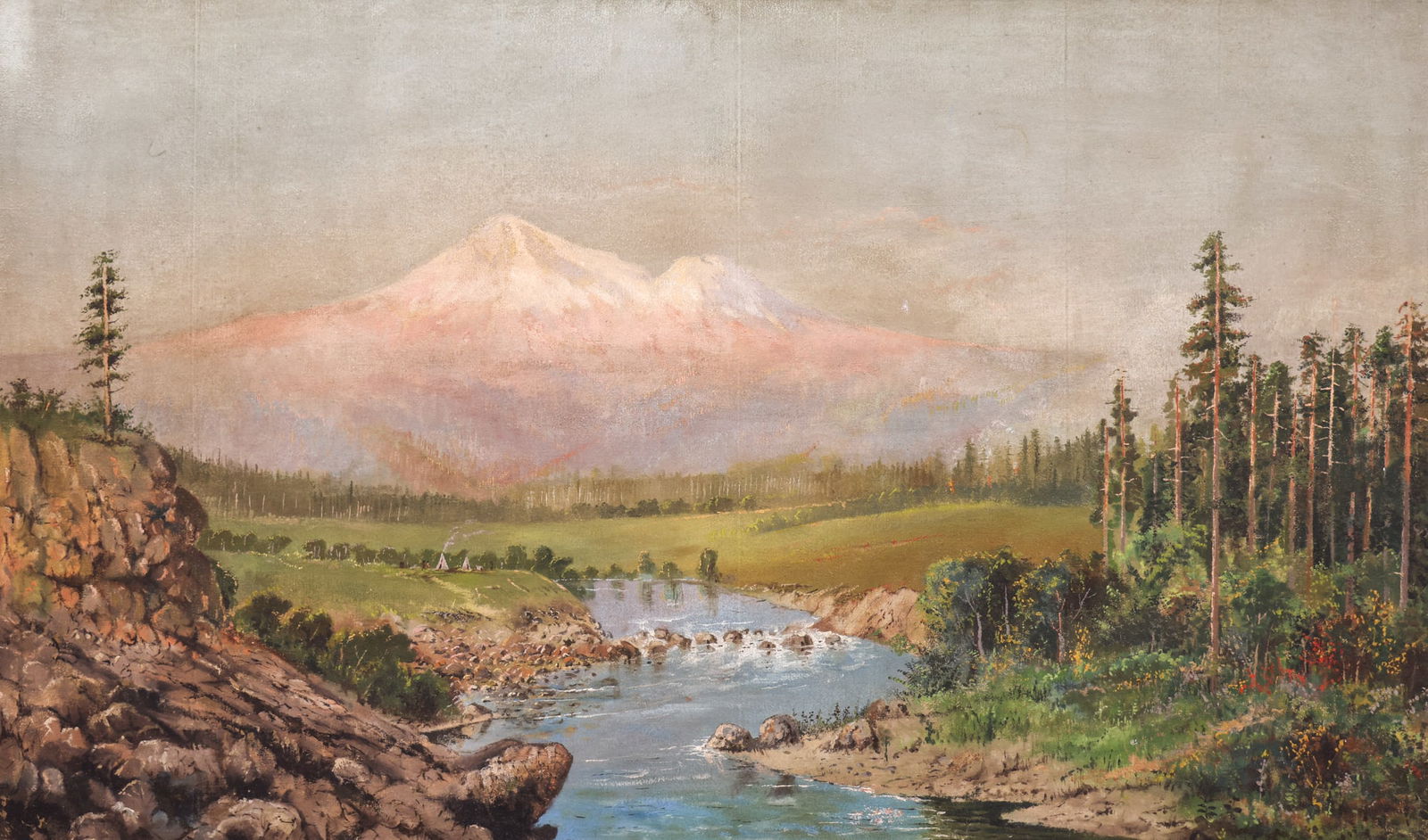 Antique "Northwest Mountains with Indian Camp" 1897 Large Oil on Canvas (1 of 4)