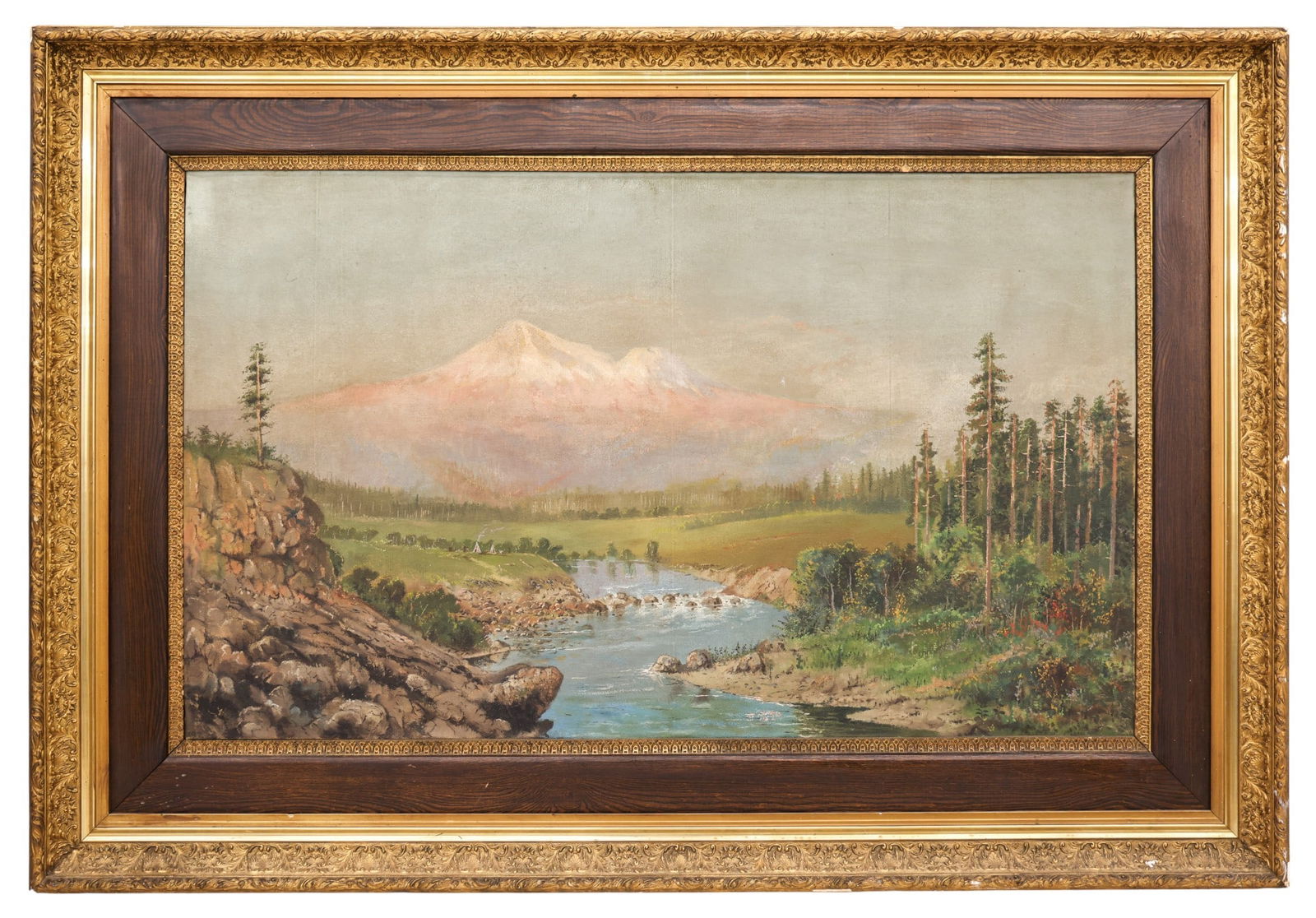 Antique "Northwest Mountains with Indian Camp" 1897 Large Oil on Canvas - 2
