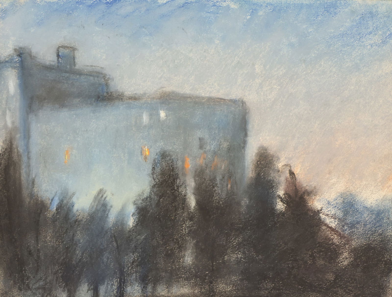 Kathleen Eva Houlahan "Building at Dusk" Pastel on Paper: Kathleen Eva Houlahan (1884-1964 Washington) "Building at Dusk" Pastel on Paper 10"x13" Image. Unsigned with estate stamp on verso. Modern framing 14.5"x17.5". Excellent condition.