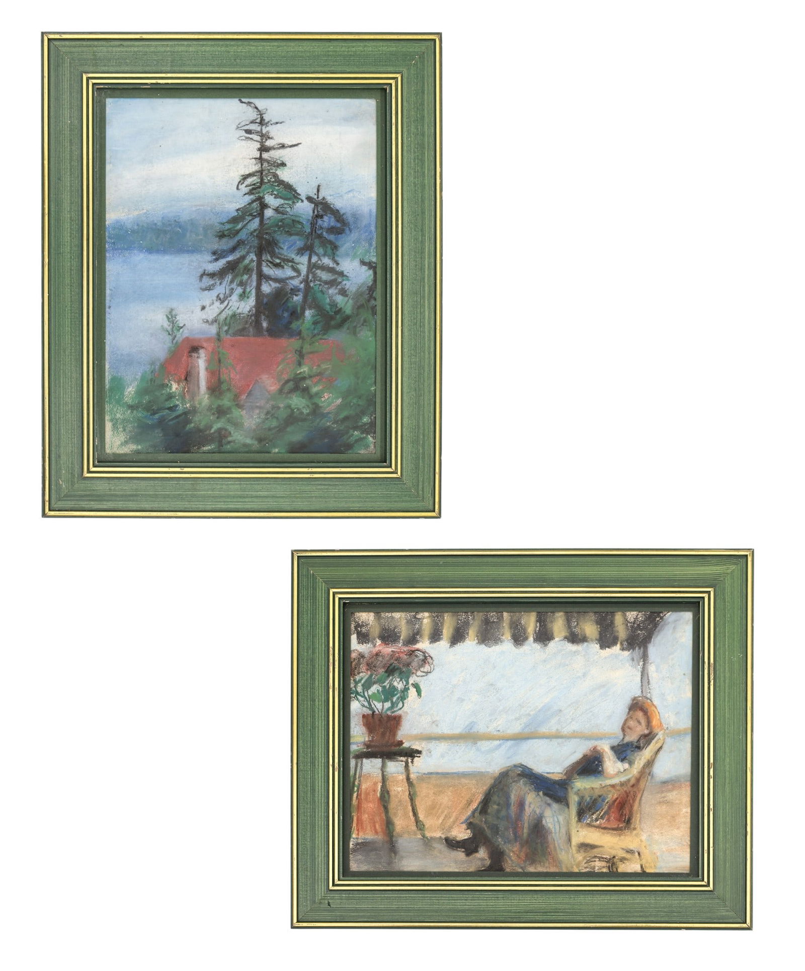 2pc Kathleen Eva Houlahan Pastel Paintings on Paper: 2pc Kathleen Eva Houlahan (1884-1964 Washington) "Rooftop on the Sound" and "Seated Woman" Pastels on Paper 13.5"x10.5" Images. Unsigned with estate stamps on verso. Matching green frames