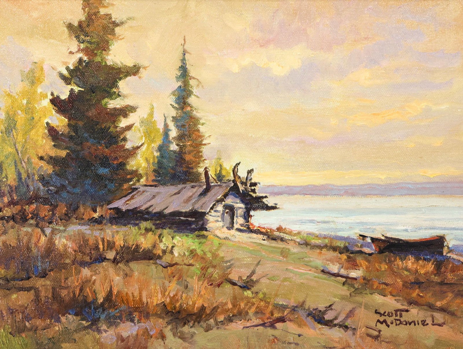 Scott McDaniel "Inlet View, Alaska" Oil on Canvas: Scott McDaniel (1926-2012 Alaska) "Inlet View, Alaska" Oil on Canvas 9"x12" Image. Signed l.r. Original framing 16"x19". Excellent condition.