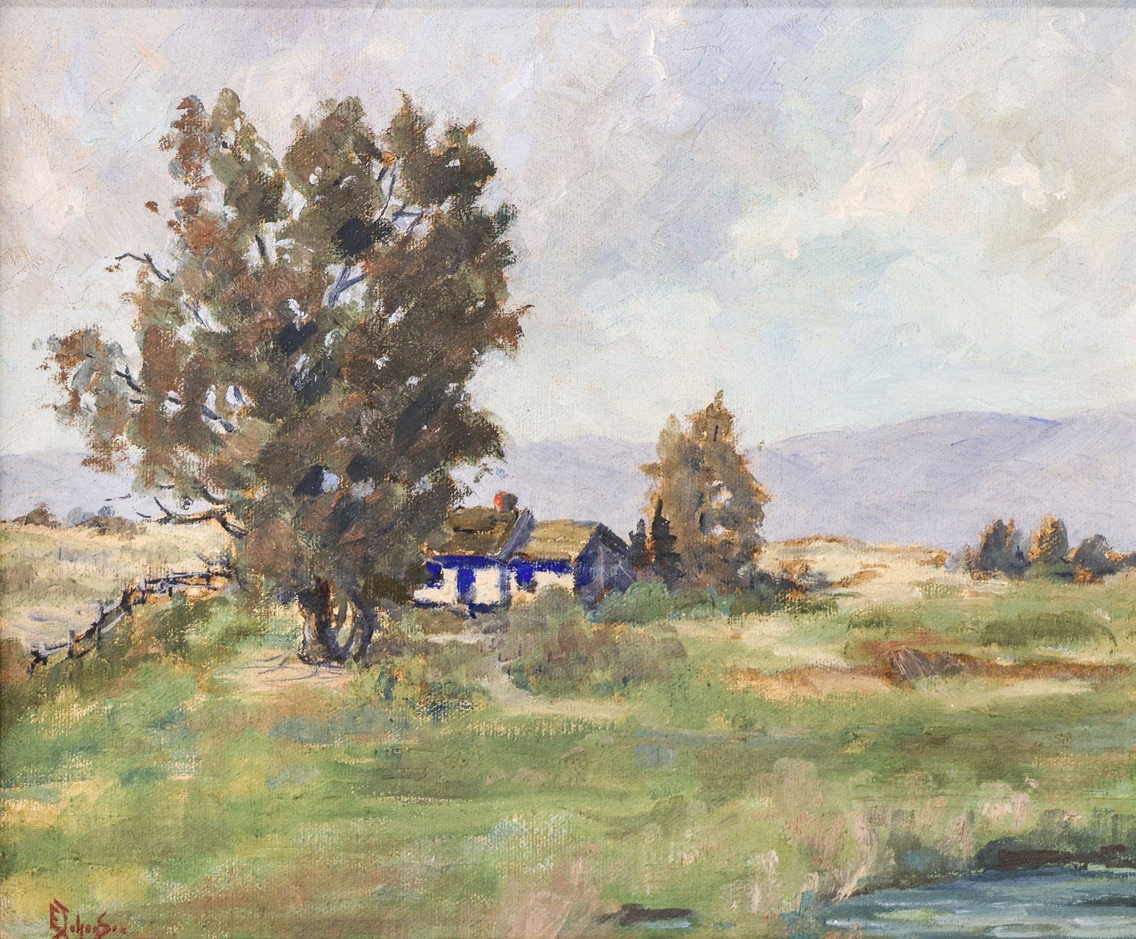 Erik Johanson "Home by the Creek" Oil on Canvas: Erik Johanson (1874-1969 Washington) "Home by the Creek" Oil on Canvas 10"x12" Image. Signed lower left. Gilt carved period framing 14.5"x16.5". Excellent condition. Johanson was close friends with