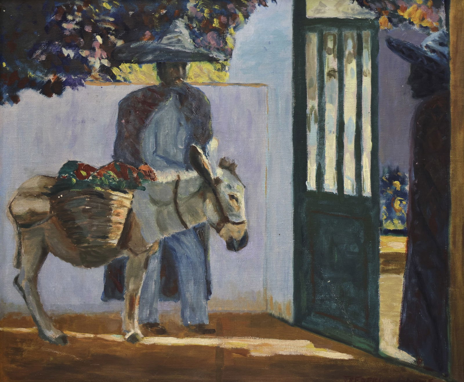 Frederick Adams "Man with Burro" Oil on Masonite: Frederick Adams (b.1880 Canadian) "Man with Burro" Oil on Masonite 14"x16.5" Image. Signed l.r. Original Lloyd E. Jensen, Seattle framing 16.5"x19". Excellent, original condition.