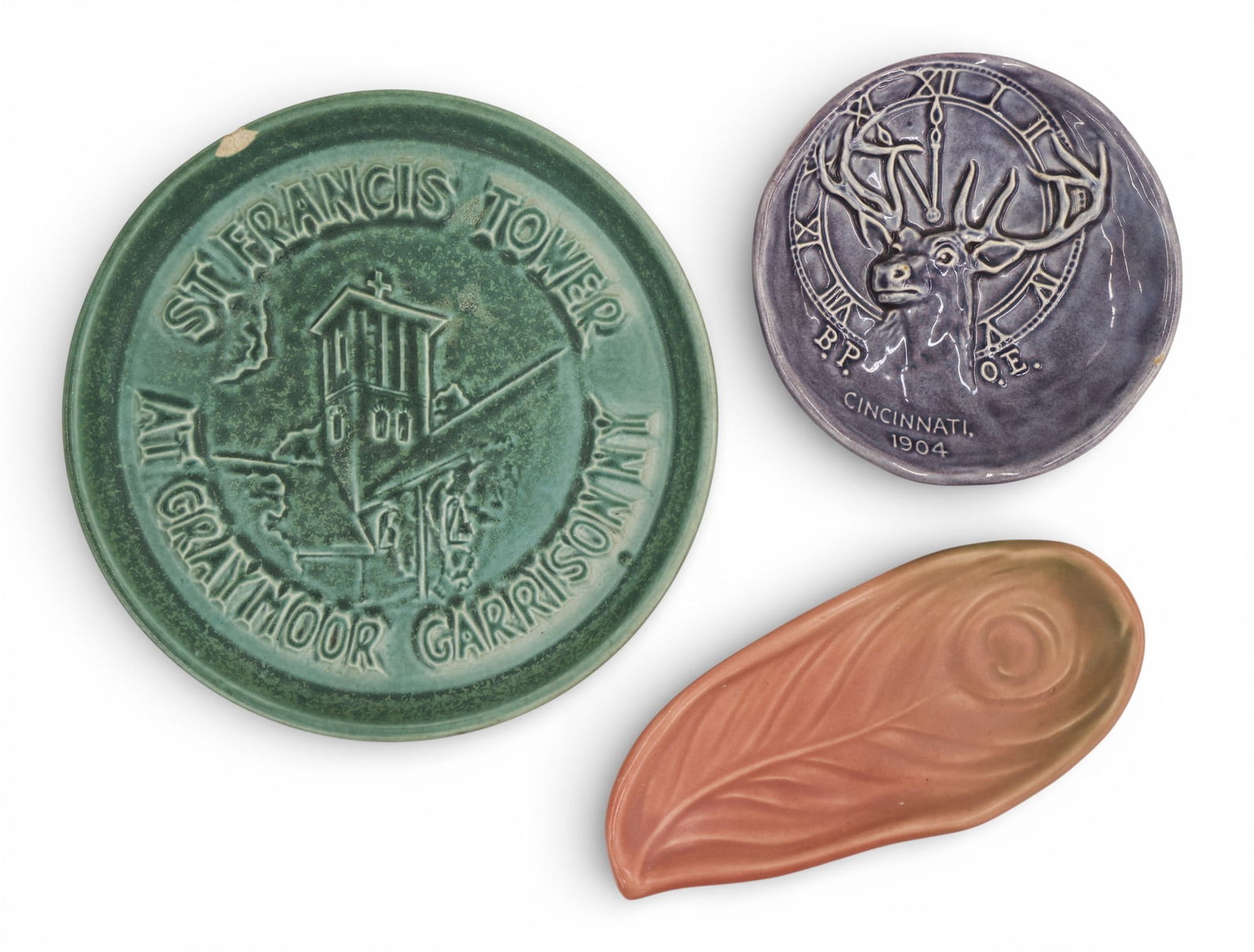 3pc Rookwood Advertising Pottery Trays 1904-1962: 3pc Rookwood Advertising Pottery Trays 1904-1962 5" to 7.5". Includes St. Francis Tower (chipped), BPOE, and NWDA 1920. Overall excellent condition.